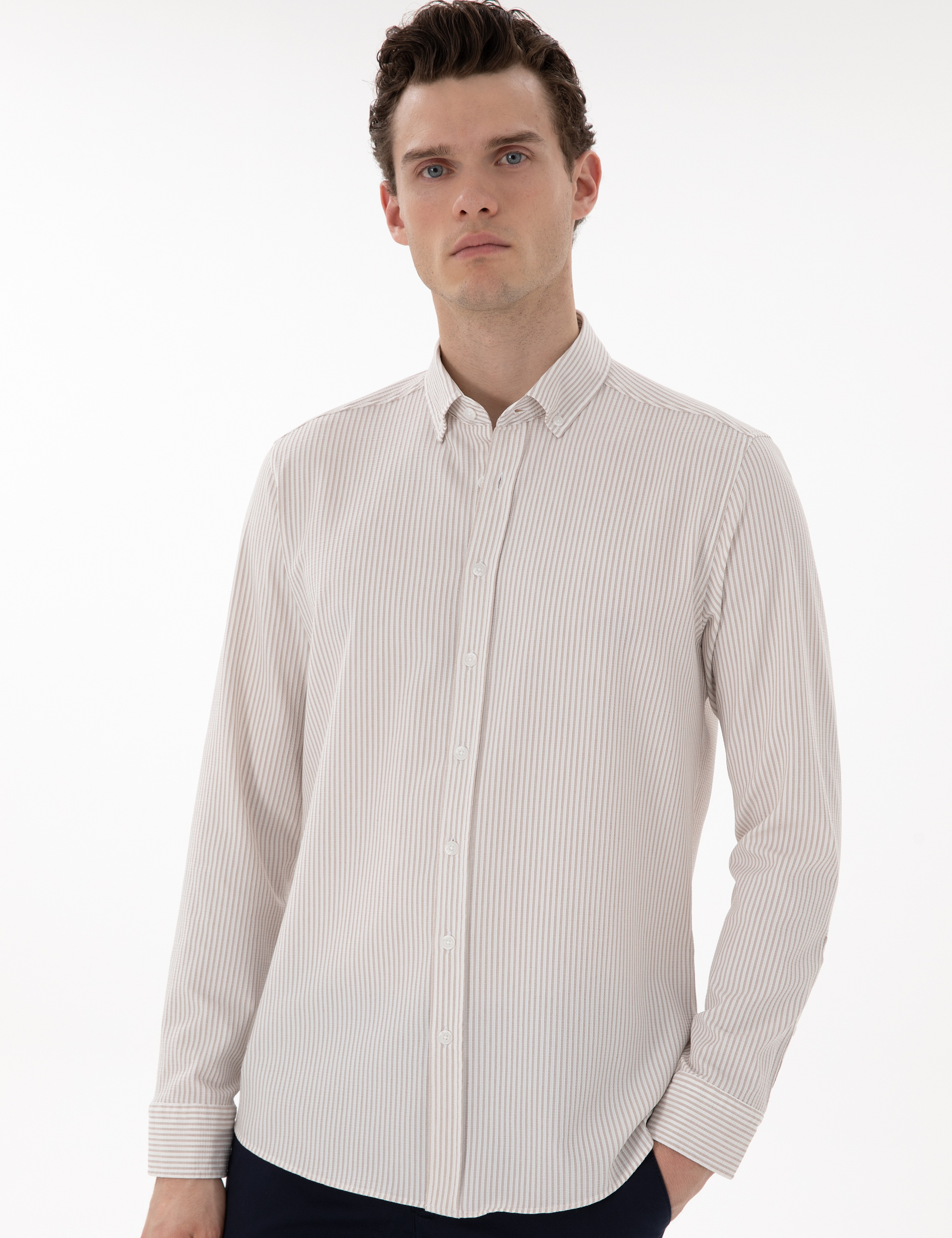 Bej Slim Fit Çizgili Uzun Kollu Gömlek - Image 3