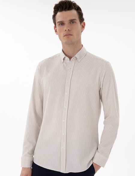 Bej Slim Fit Çizgili Uzun Kollu Gömlek - 50301583073