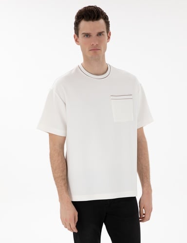 Ekru Comfort Fit Bisiklet Yaka Tişört
