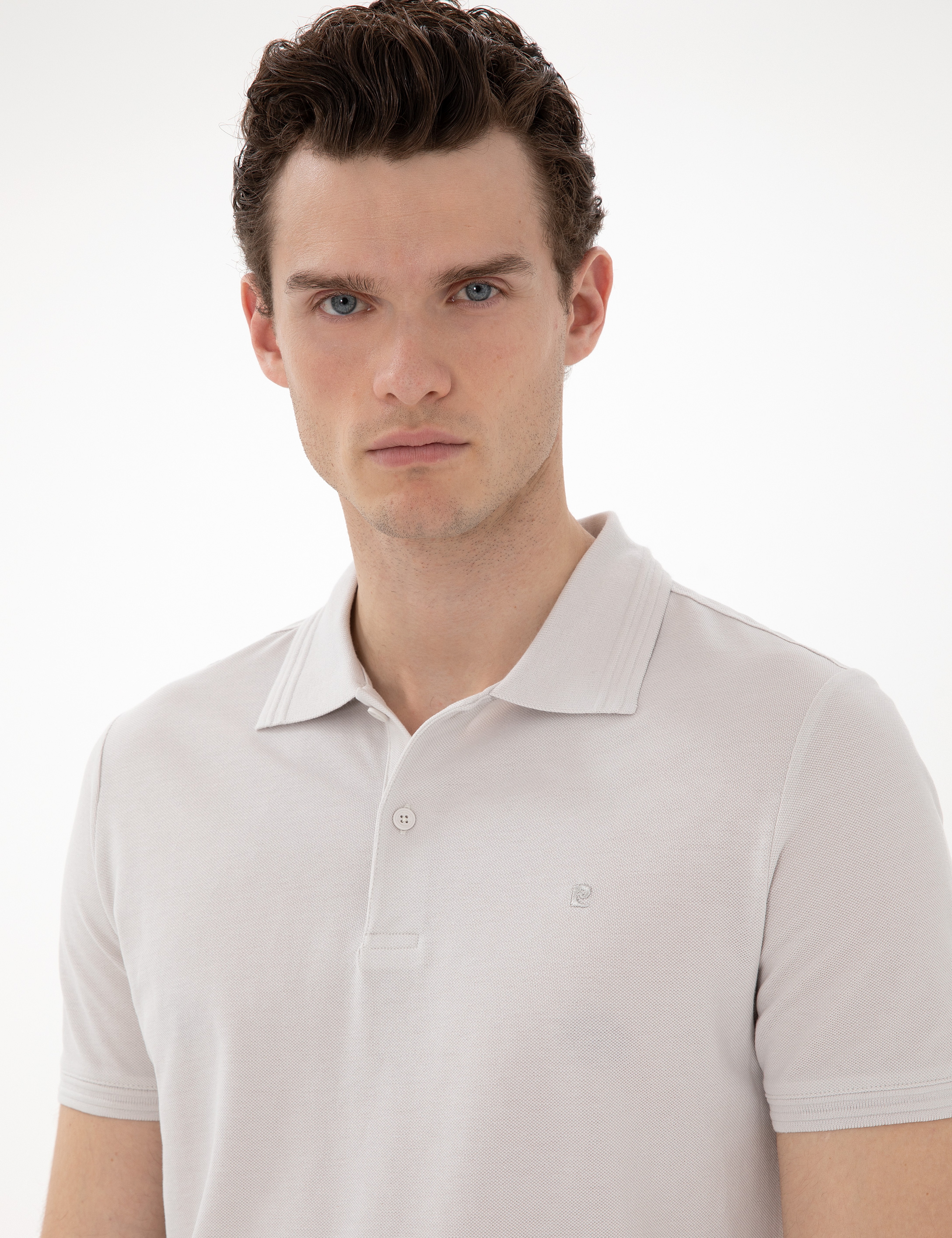 Açık Gri Slim Fit %100 Pamuk Düğmeli Polo Yaka Basic Tişört