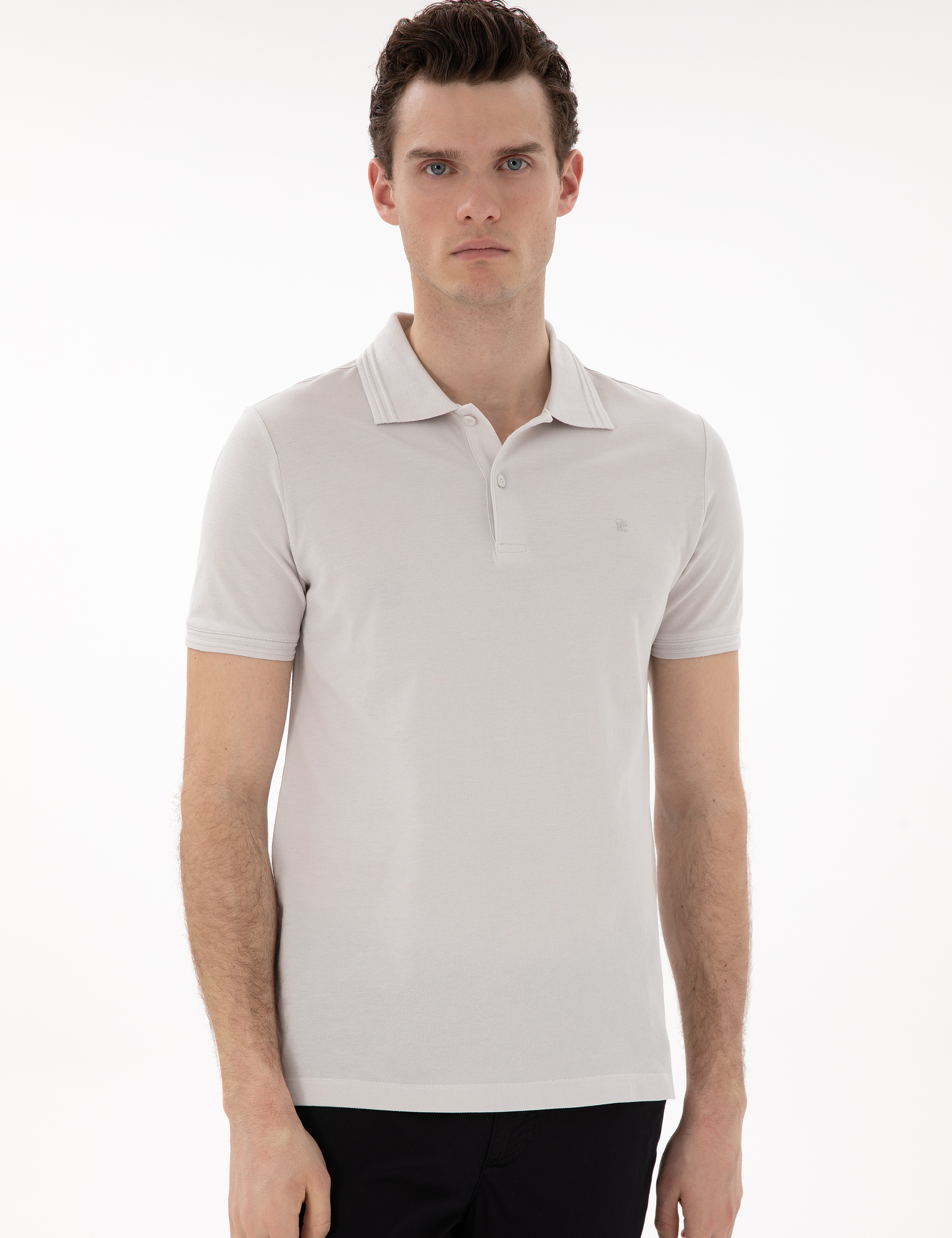 Açık Gri Slim Fit %100 Pamuk Düğmeli Polo Yaka Basic Tişört - Image 3