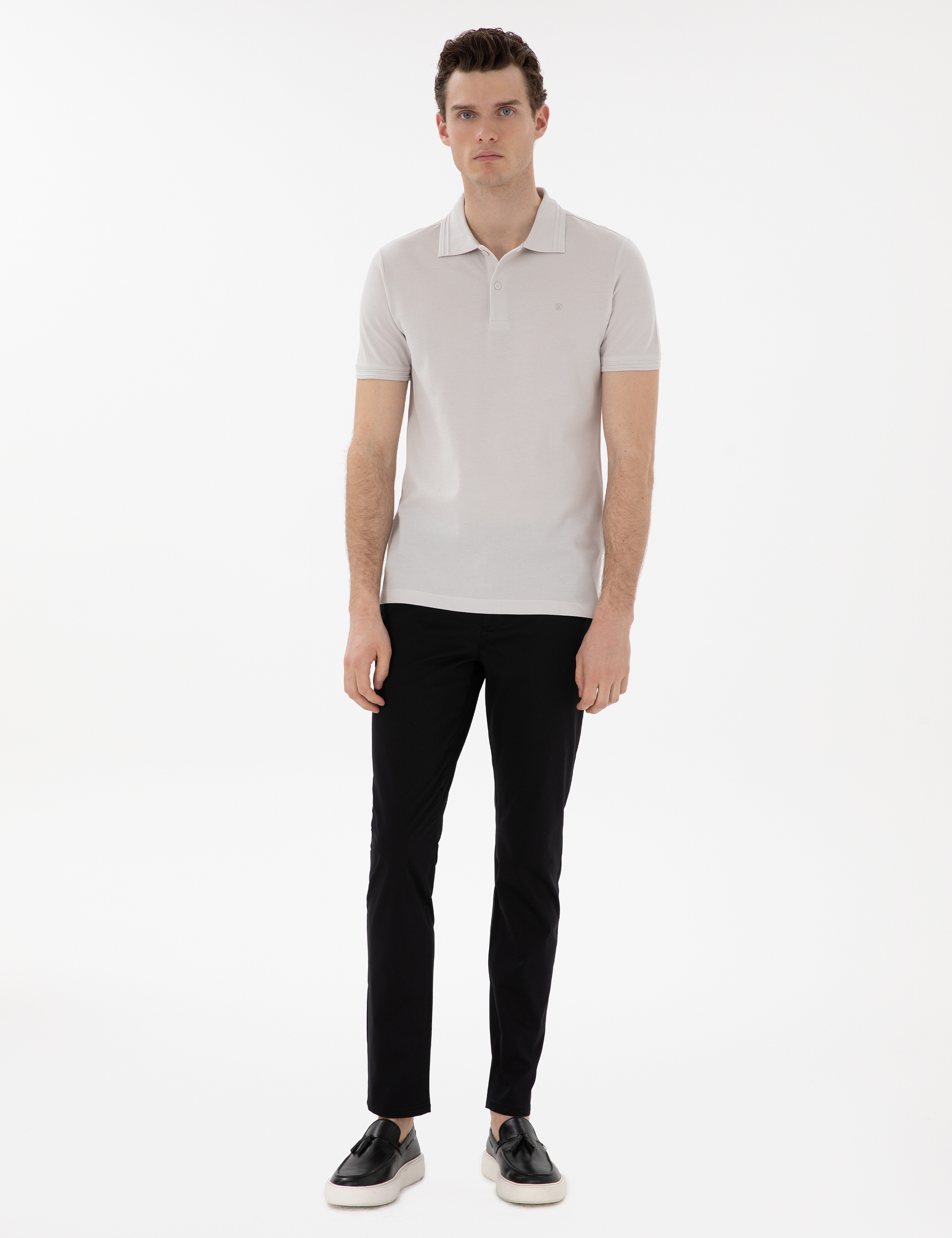 Açık Gri Slim Fit %100 Pamuk Düğmeli Polo Yaka Basic Tişört