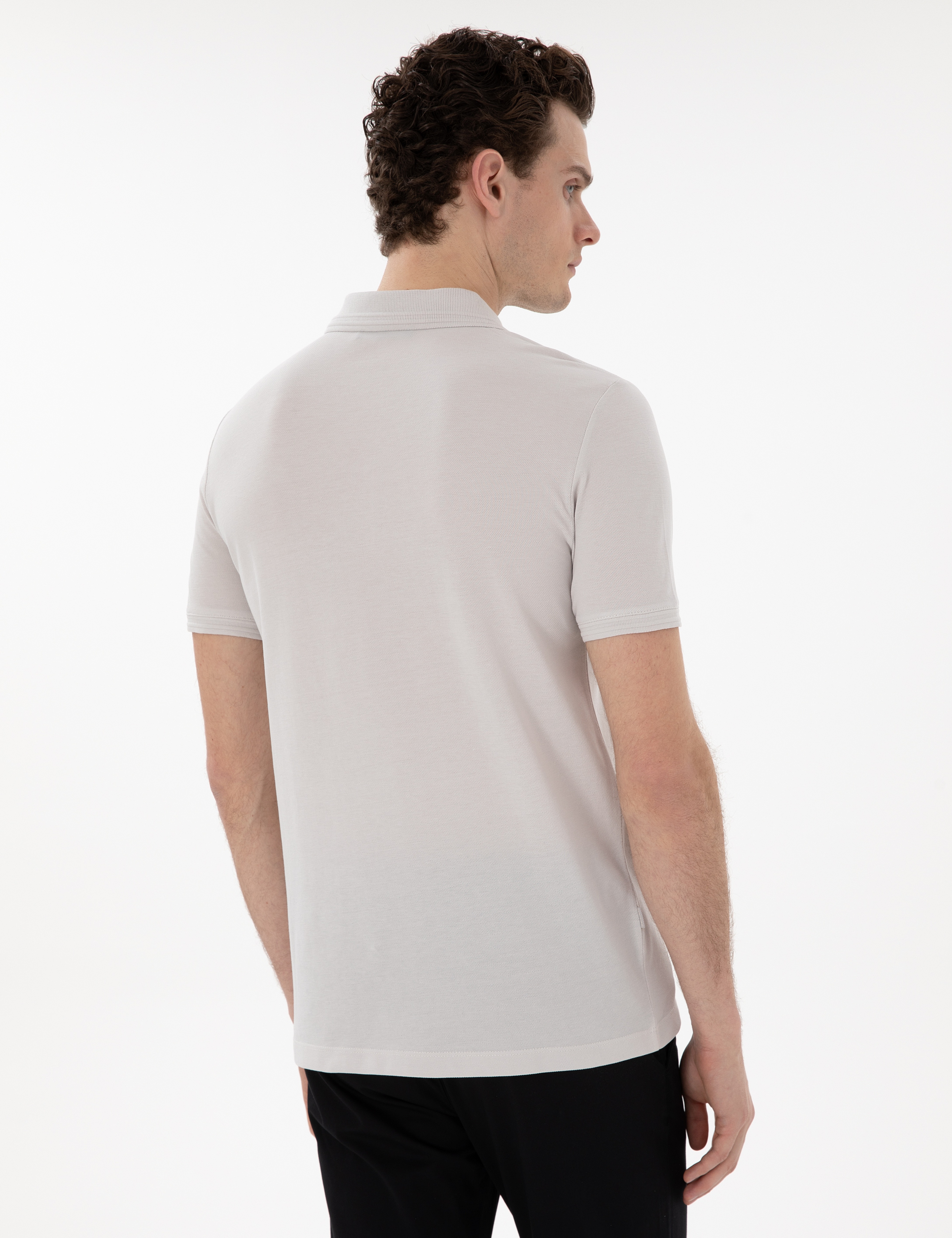 Açık Gri Slim Fit %100 Pamuk Düğmeli Polo Yaka Basic Tişört - Image 5
