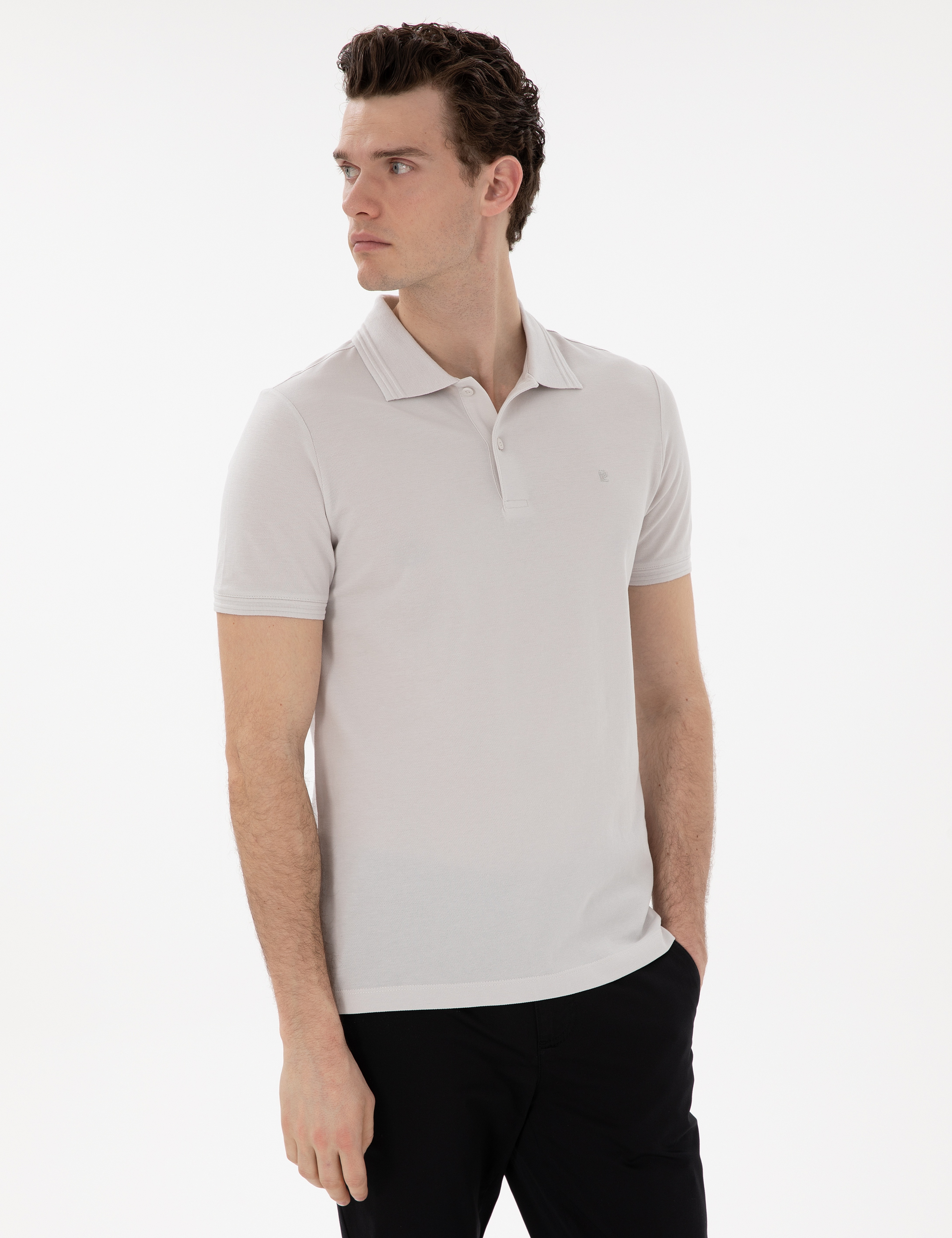 Açık Gri Slim Fit %100 Pamuk Düğmeli Polo Yaka Basic Tişört - Image 1