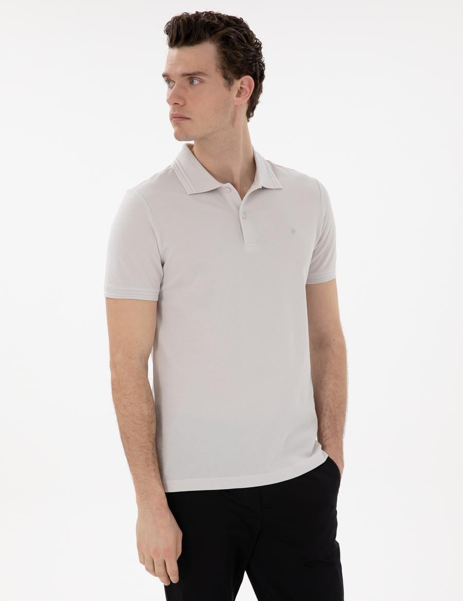 Açık Gri Slim Fit %100 Pamuk Polo Yaka Basic Tişört