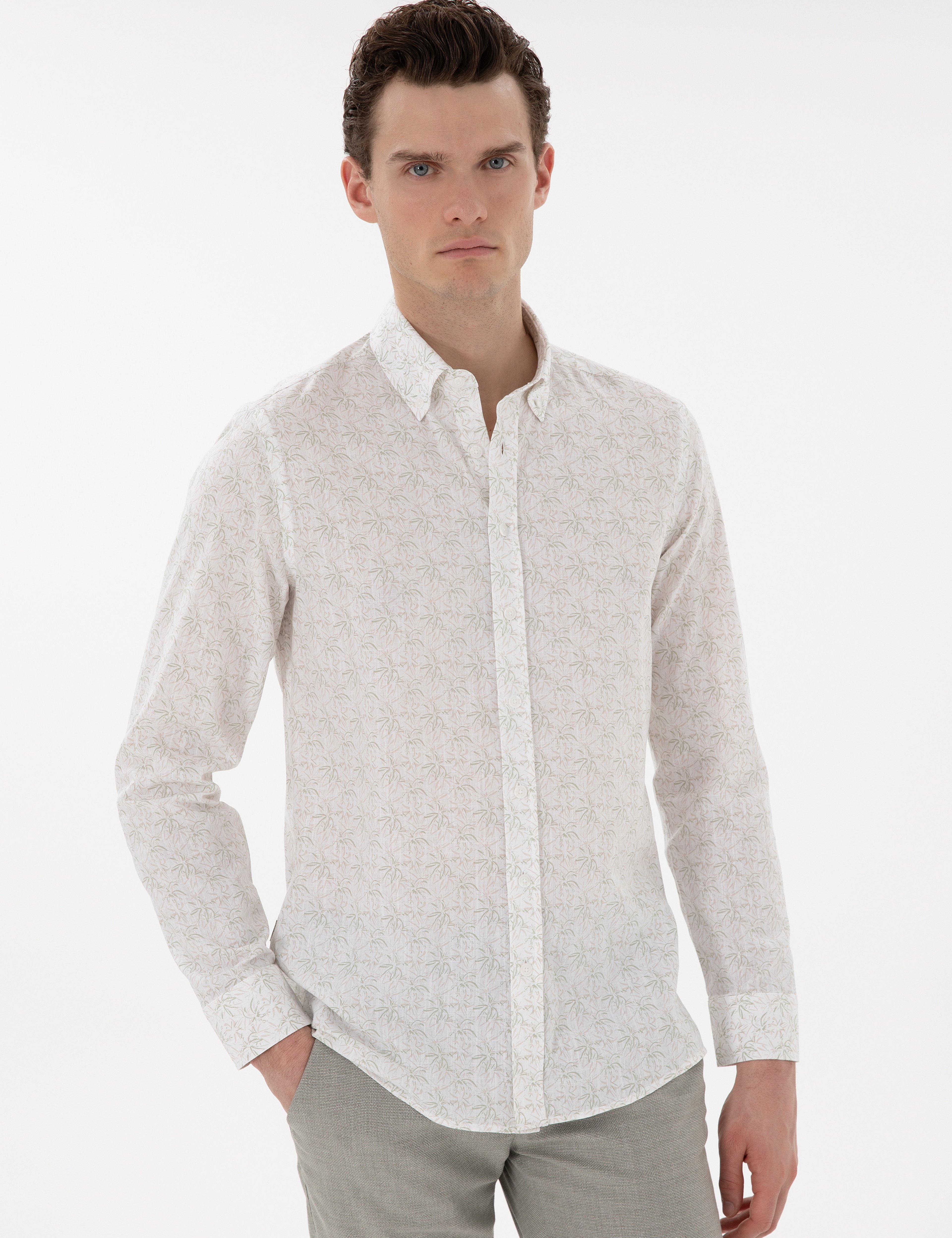 Haki Slim Fit Uzun Kollu Gömlek - Image 3