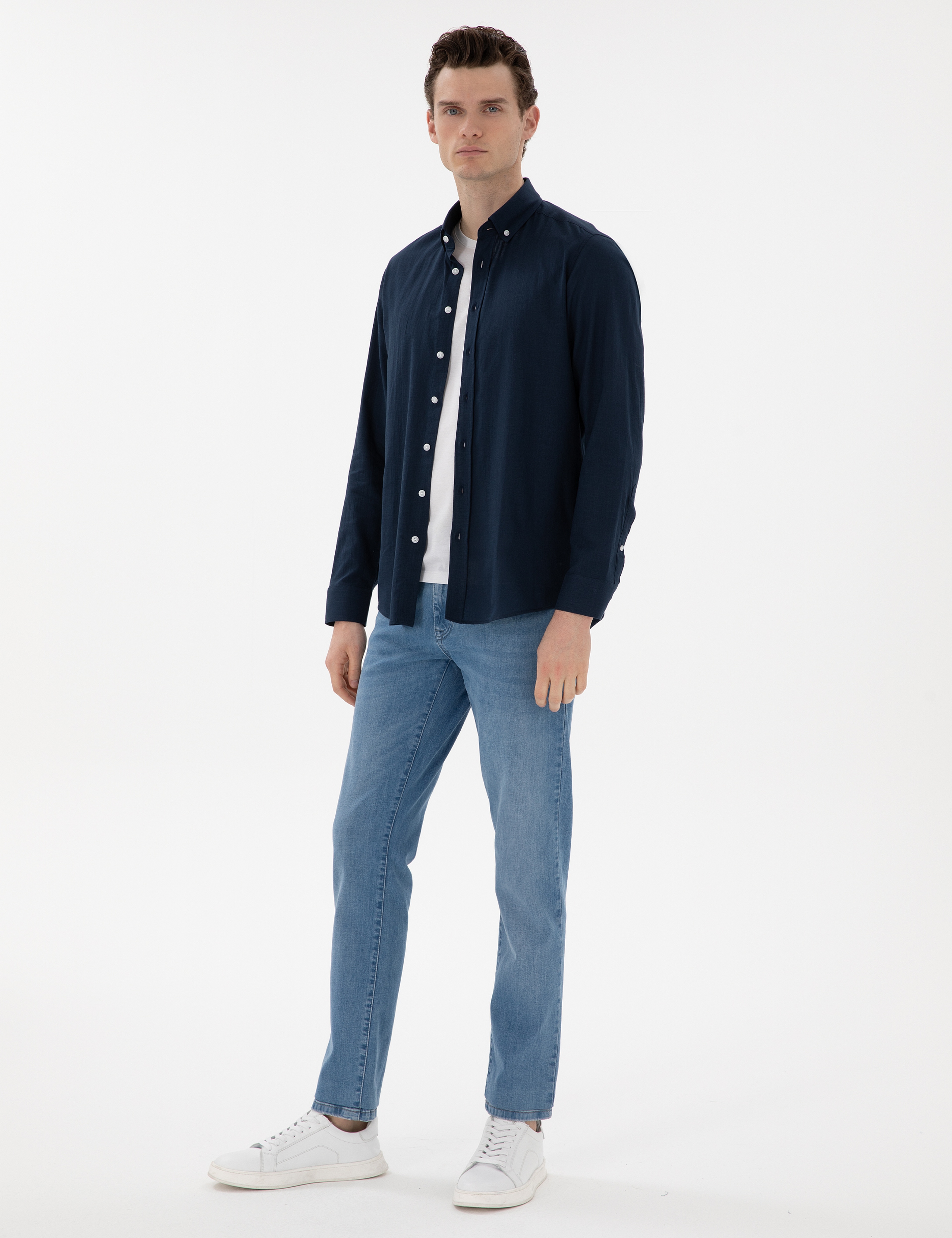 Lacivert Slim Fit Keten Görünümlü Gömlek - Image 4