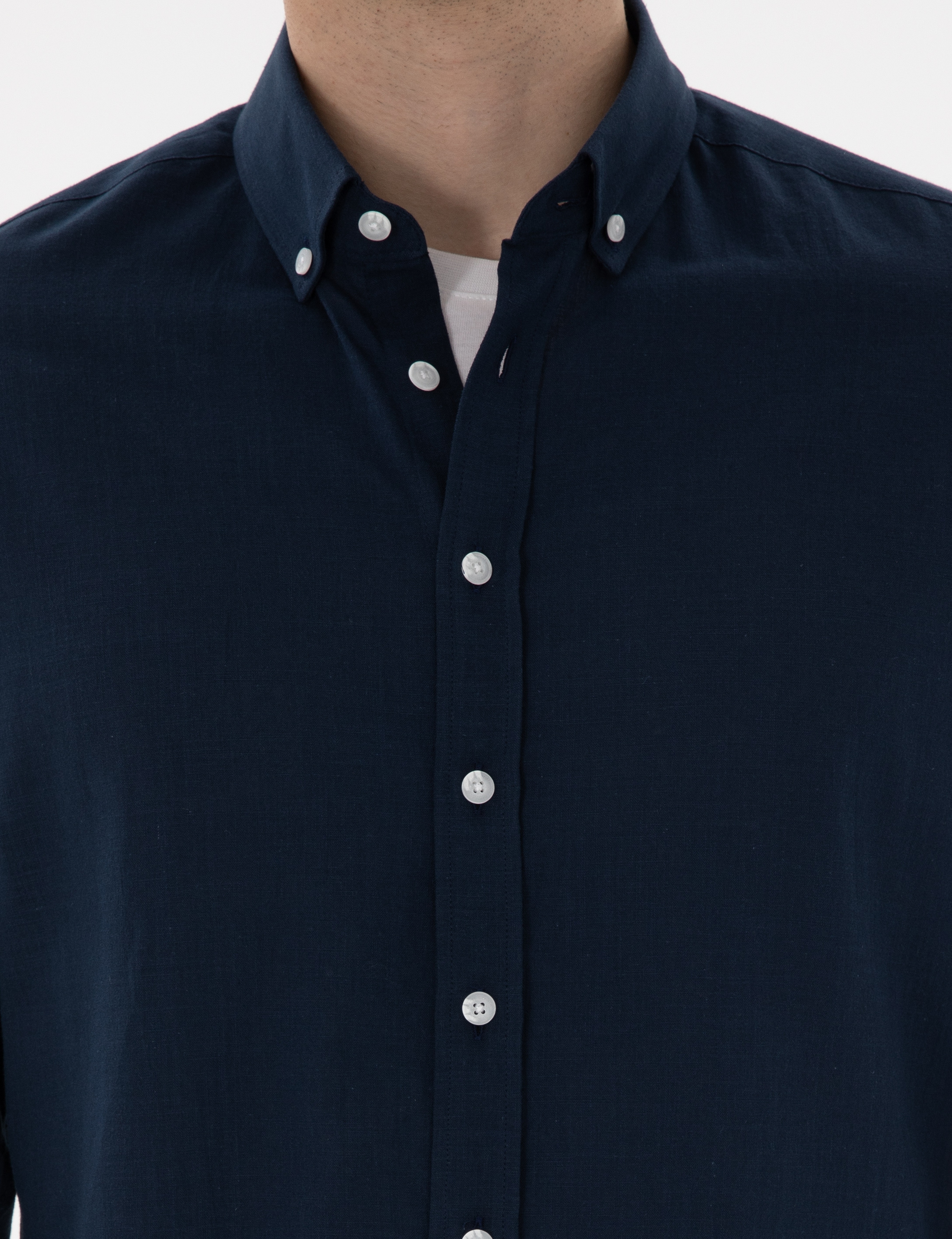 Lacivert Slim Fit Keten Görünümlü Gömlek