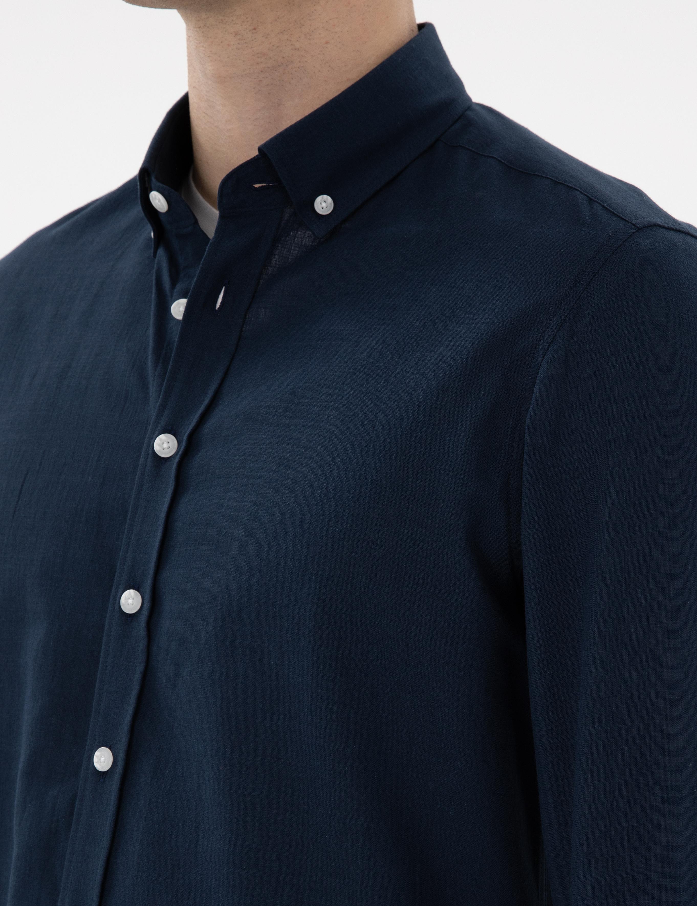 Lacivert Slim Fit Keten Görünümlü Gömlek