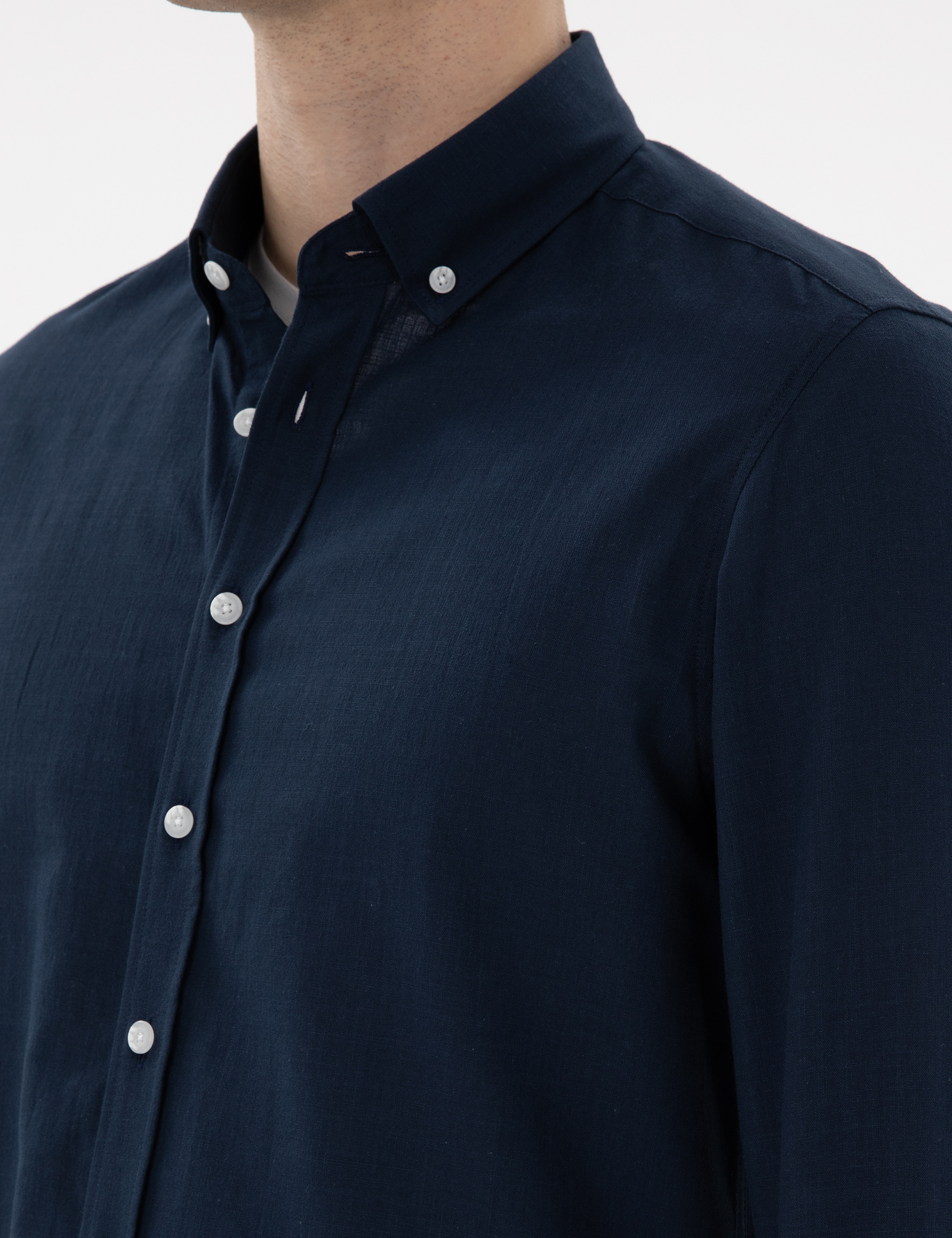 Lacivert Slim Fit Keten Görünümlü Gömlek - Image 7