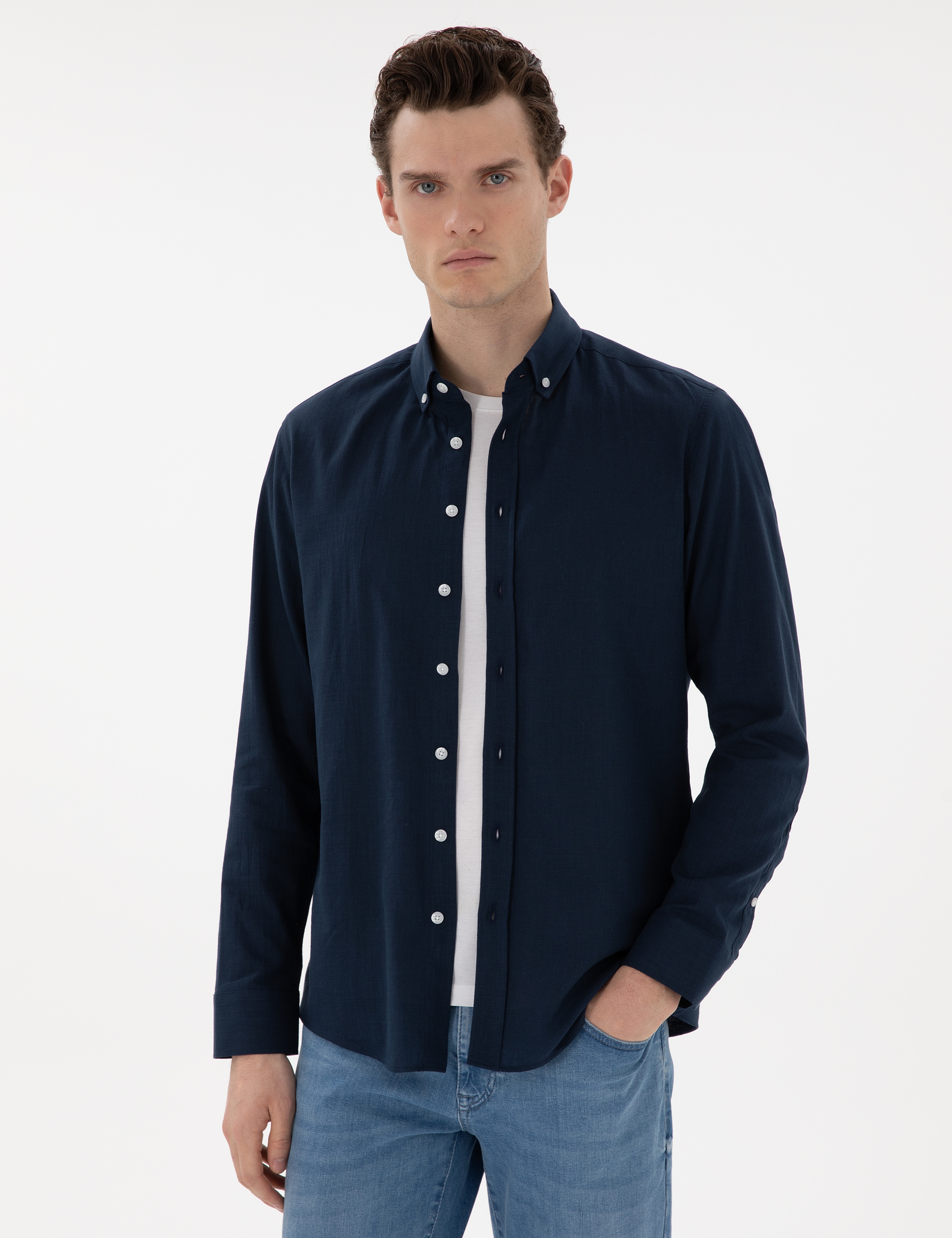 Lacivert Slim Fit Keten Görünümlü Gömlek - Image 1