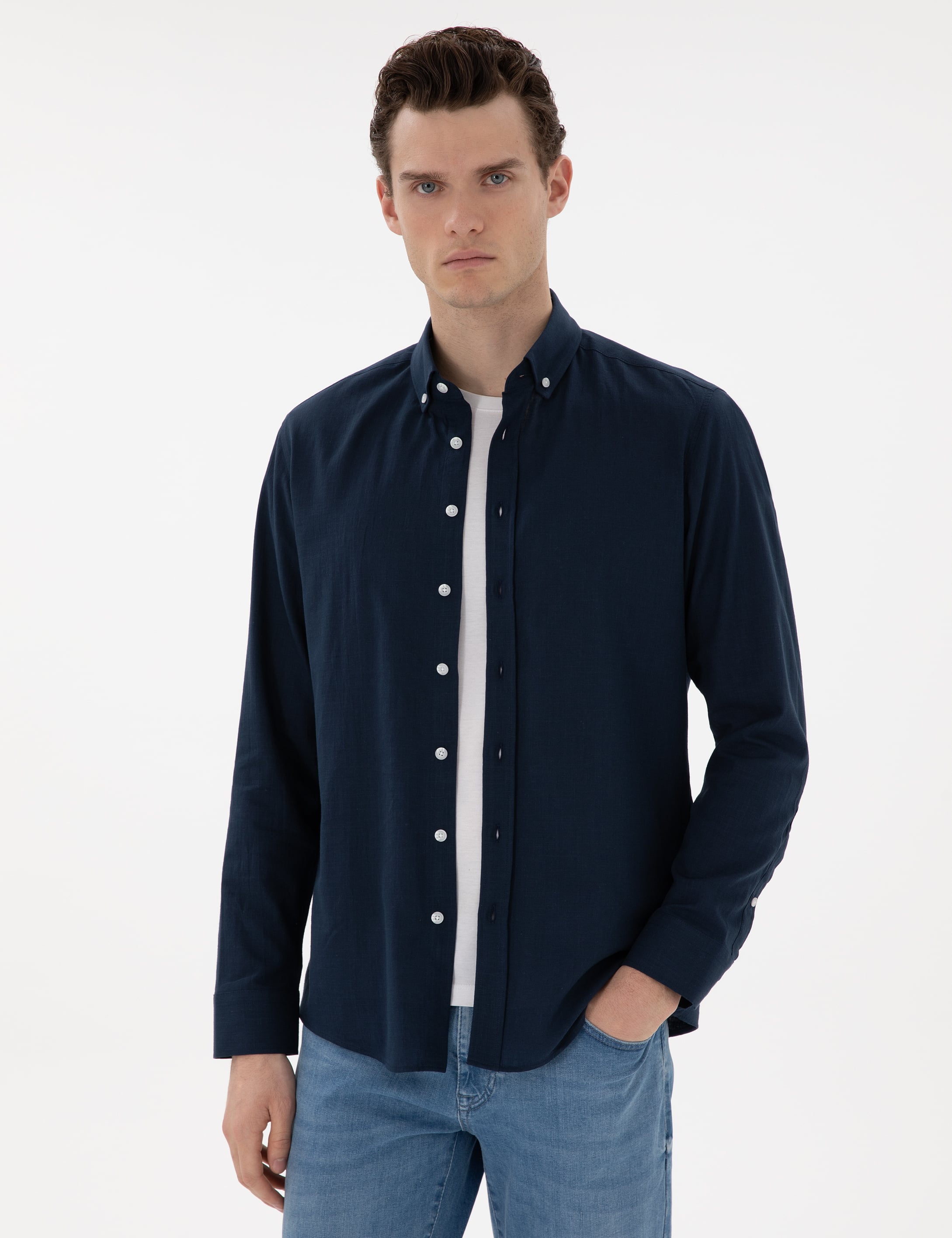 Lacivert Slim Fit Keten Görünümlü Gömlek