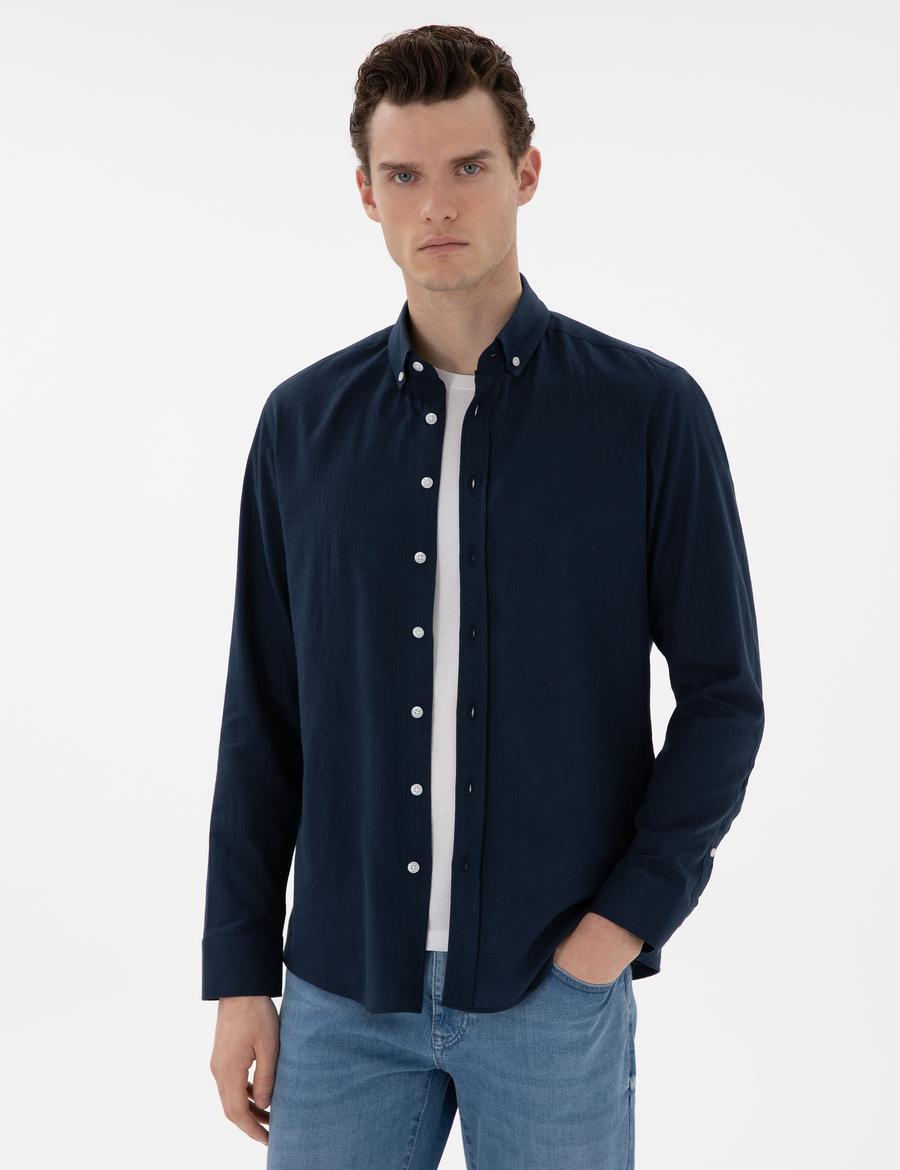 Lacivert Slim Fit Keten Görünümlü Gömlek