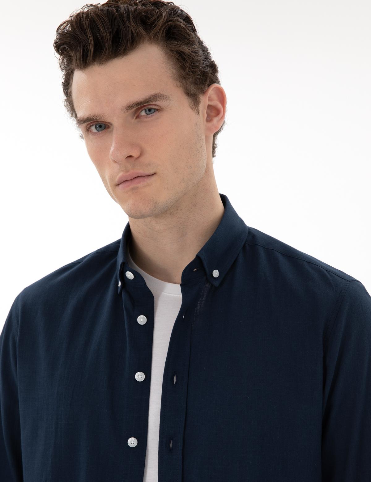 Lacivert Slim Fit Keten Görünümlü Gömlek - 50302710037