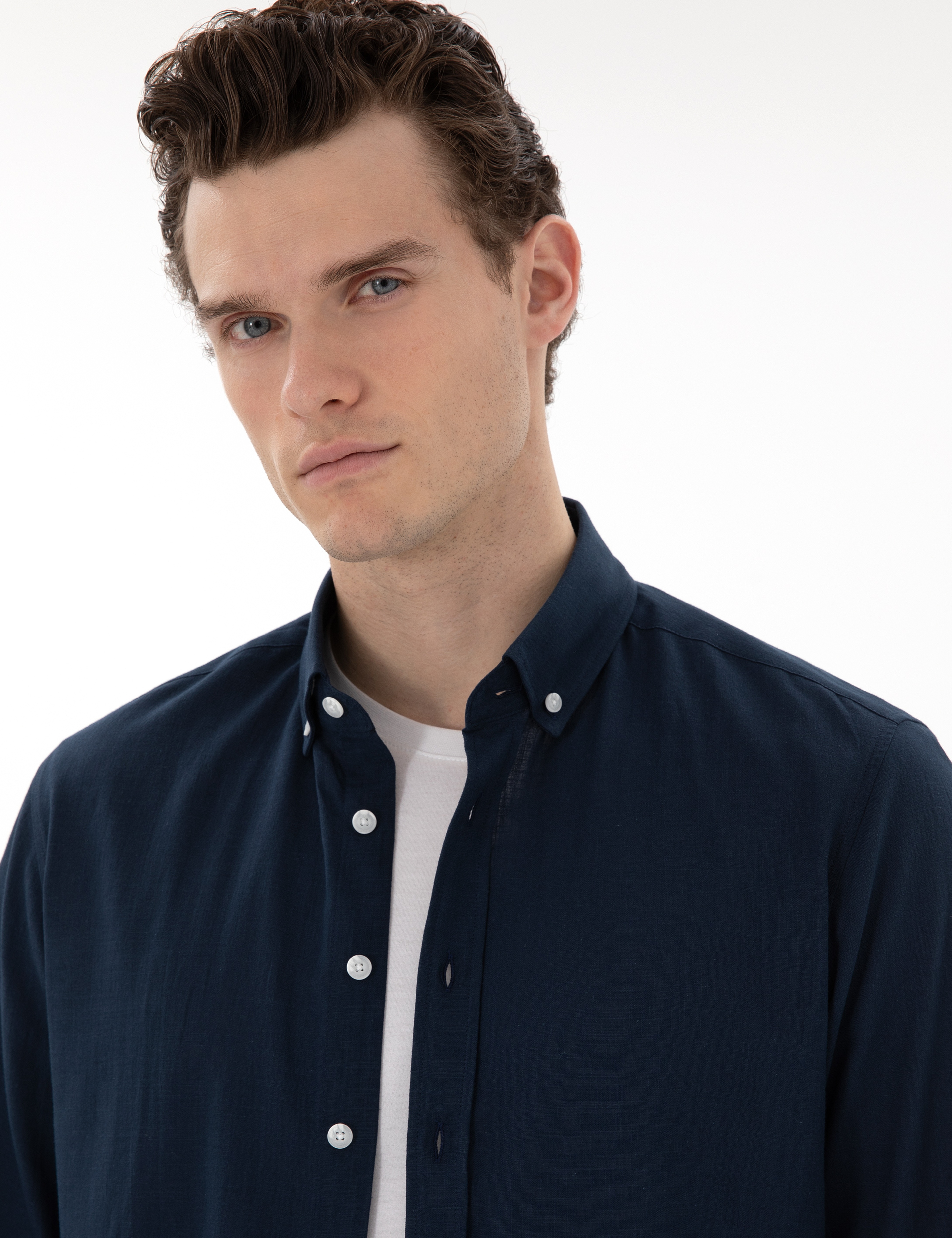 Lacivert Slim Fit Keten Görünümlü Gömlek - Image 2