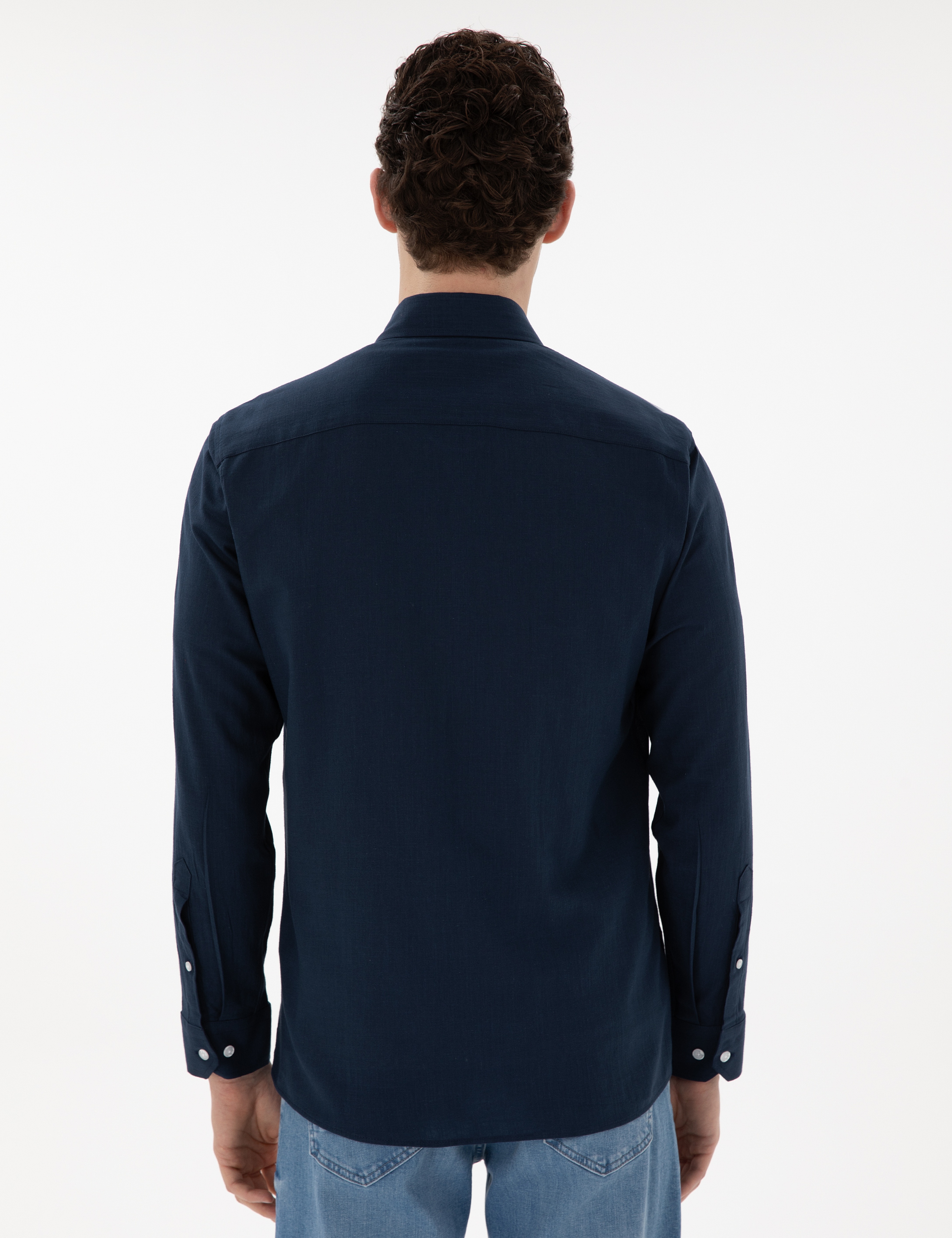 Lacivert Slim Fit Keten Görünümlü Gömlek - Image 5