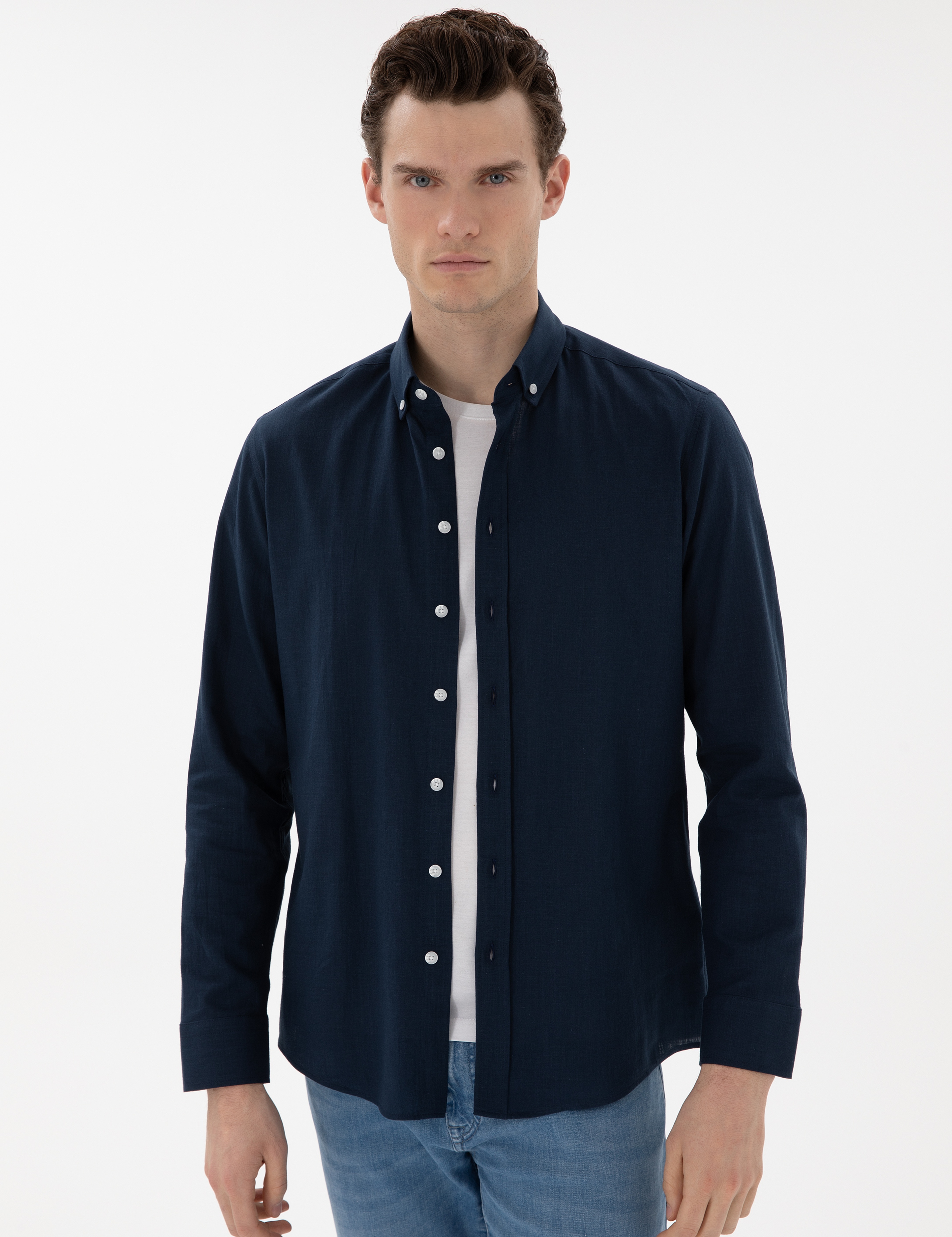 Lacivert Slim Fit Keten Görünümlü Gömlek