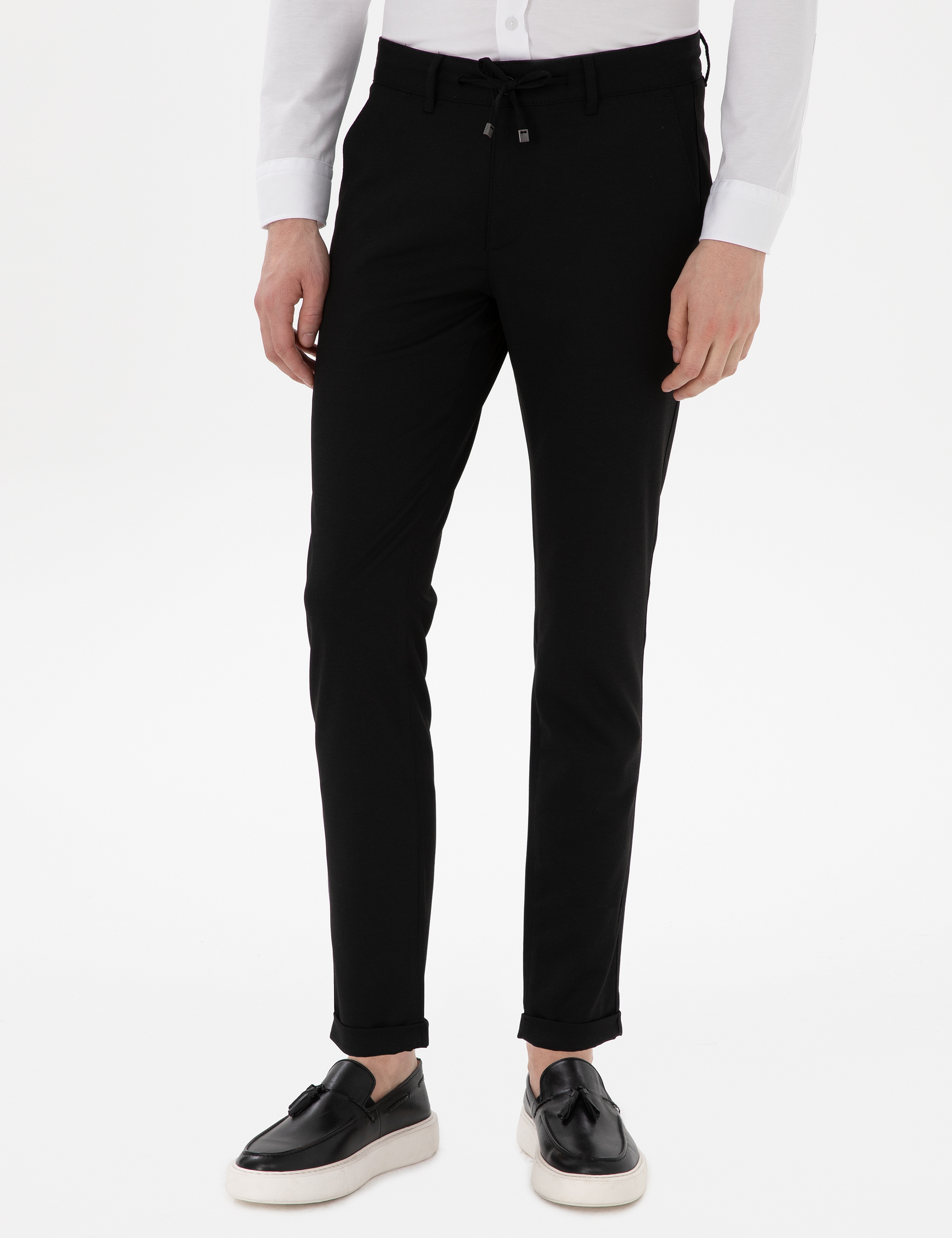 Siyah Slim Fit Bağcıklı Kanvas Pantolon - Image 2