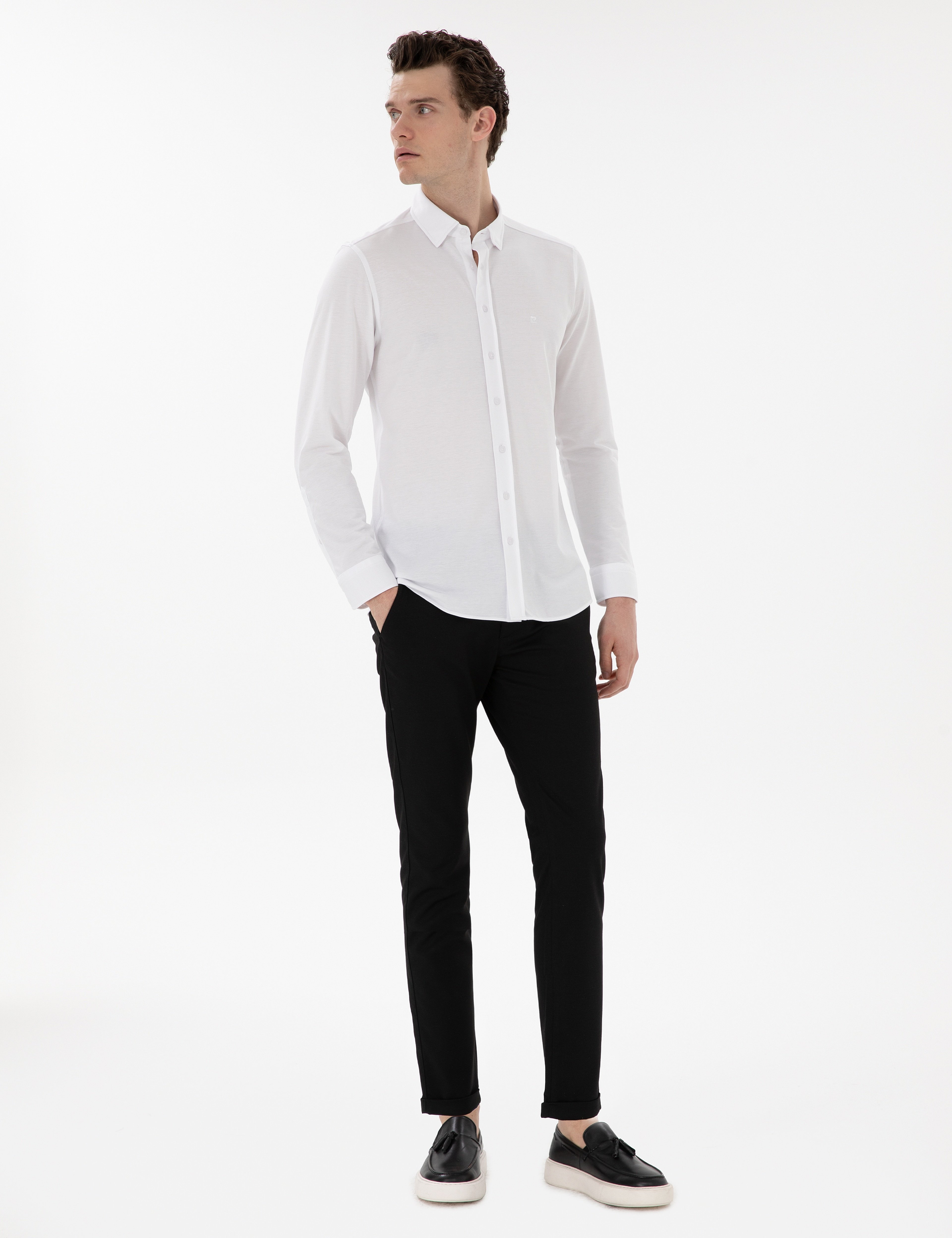 Siyah Slim Fit Bağcıklı Kanvas Pantolon