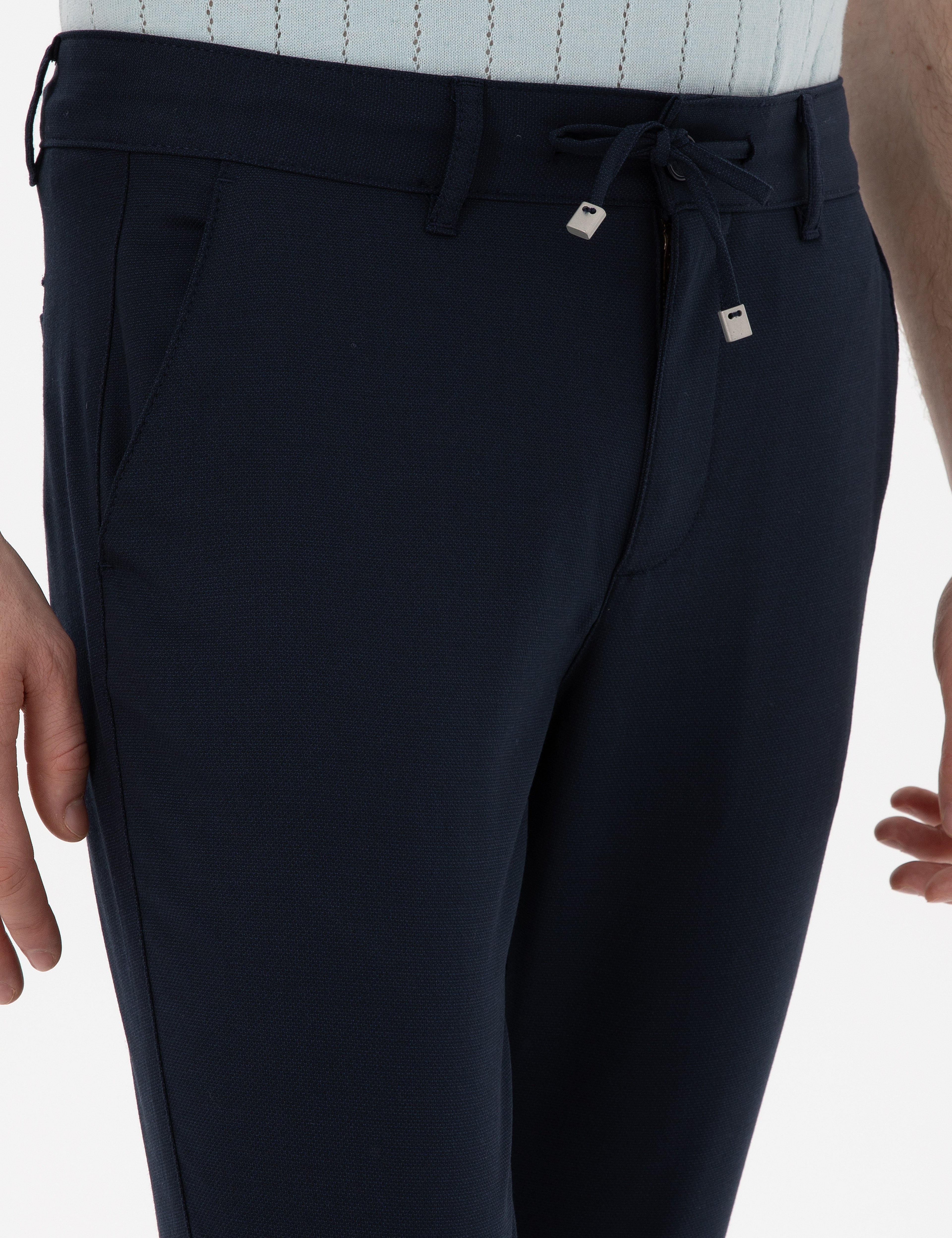 Lacivert Slim Fit Bağcıklı Kanvas Pantolon
