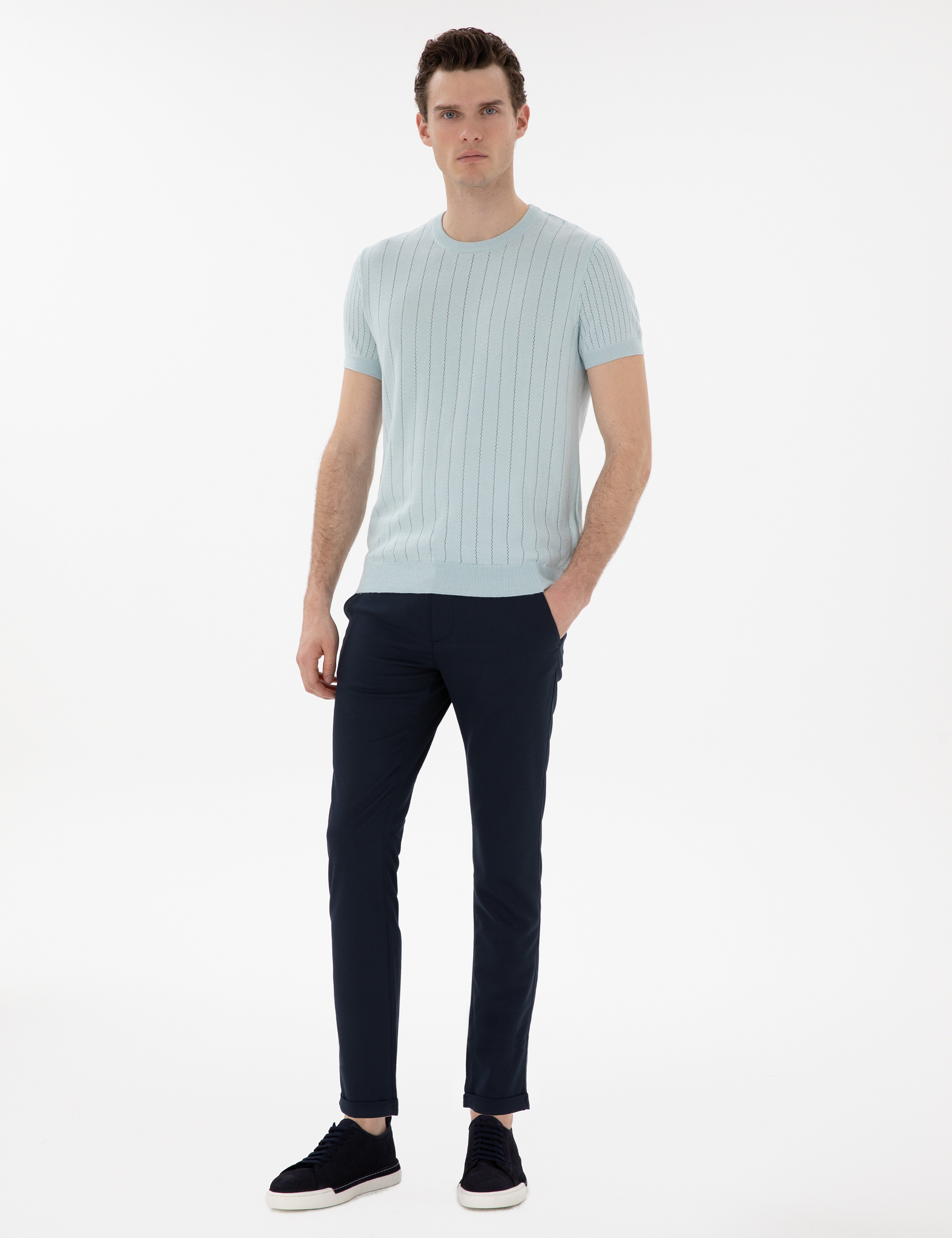 Lacivert Slim Fit Bağcıklı Kanvas Pantolon - Image 1