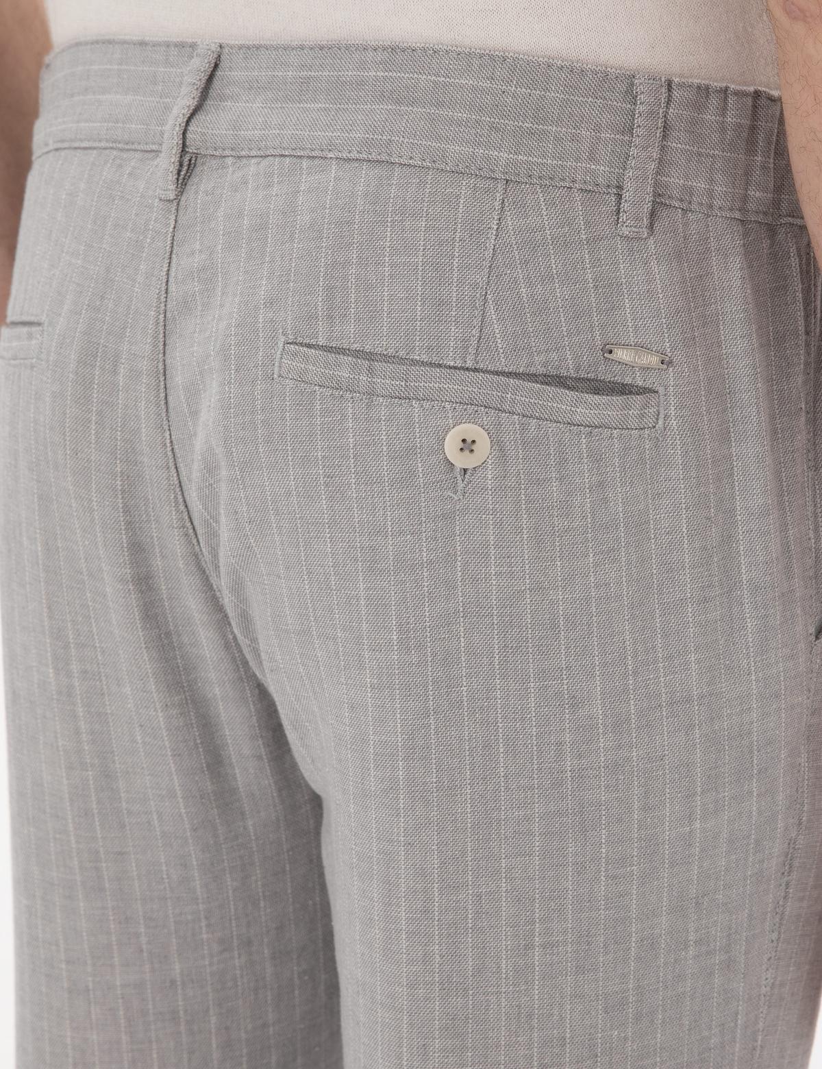 Gri Slim Fit Keten Karışımlı Çizgili Kanvas Pantolon - 50301778084