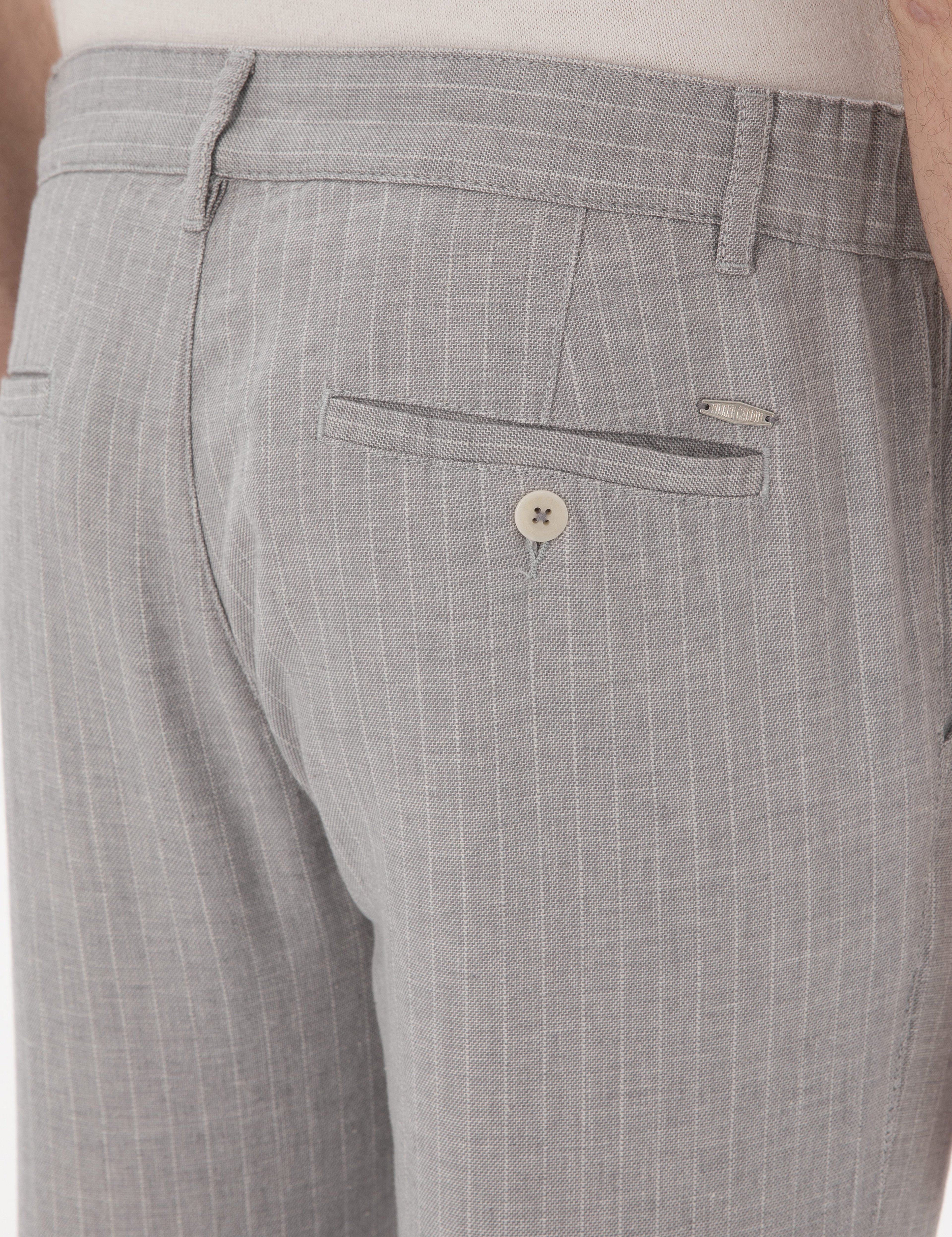 Gri Slim Fit Keten Karışımlı Çizgili Kanvas Pantolon - Image 6