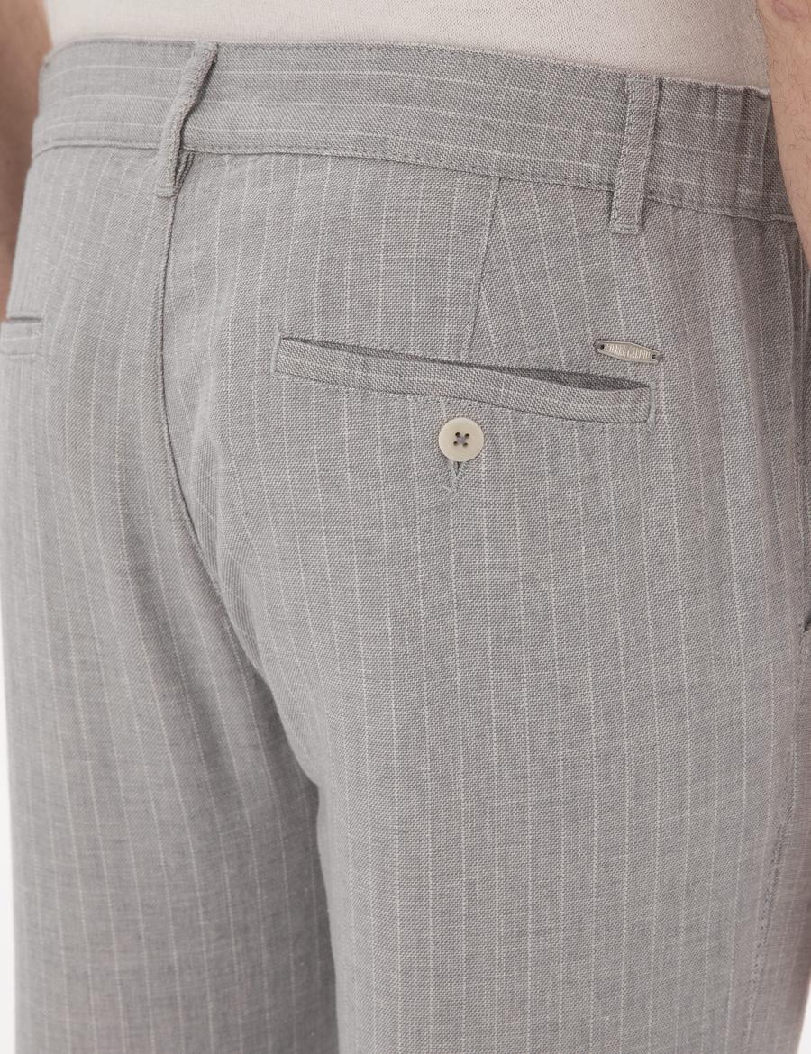 Gri Slim Fit Keten Karışımlı Çizgili Kanvas Pantolon