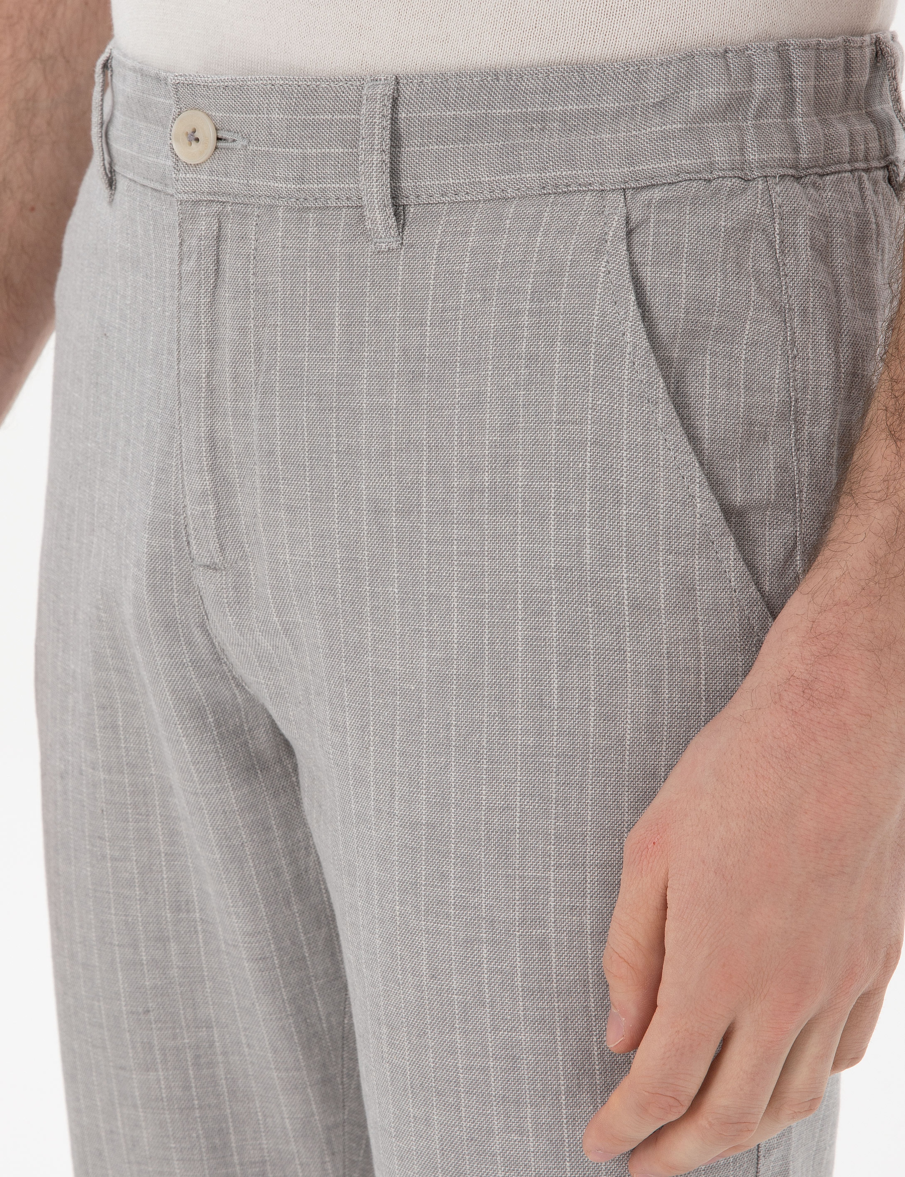 Gri Slim Fit Keten Karışımlı Çizgili Kanvas Pantolon - Image 5