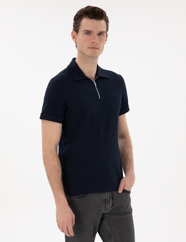 Lacivert Slim Fit Fermuarlı Polo Yaka Tişört