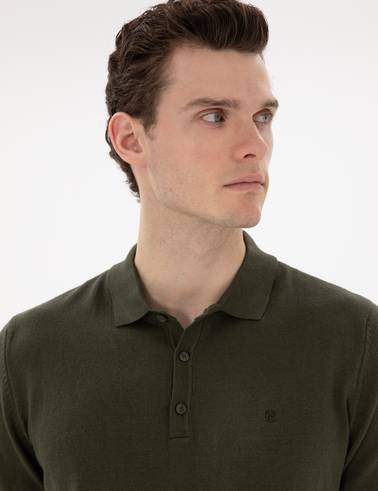 Haki Slim Fit Düğmeli Polo Yaka Triko Tişört
