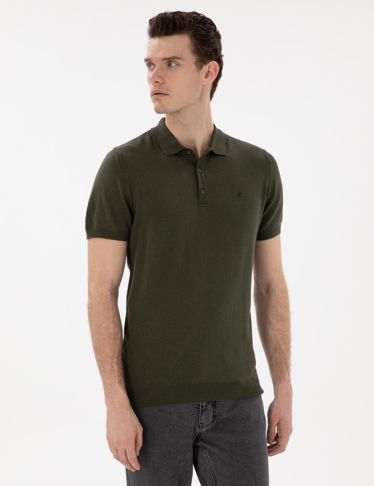 Haki Slim Fit Düğmeli Polo Yaka Triko Tişört