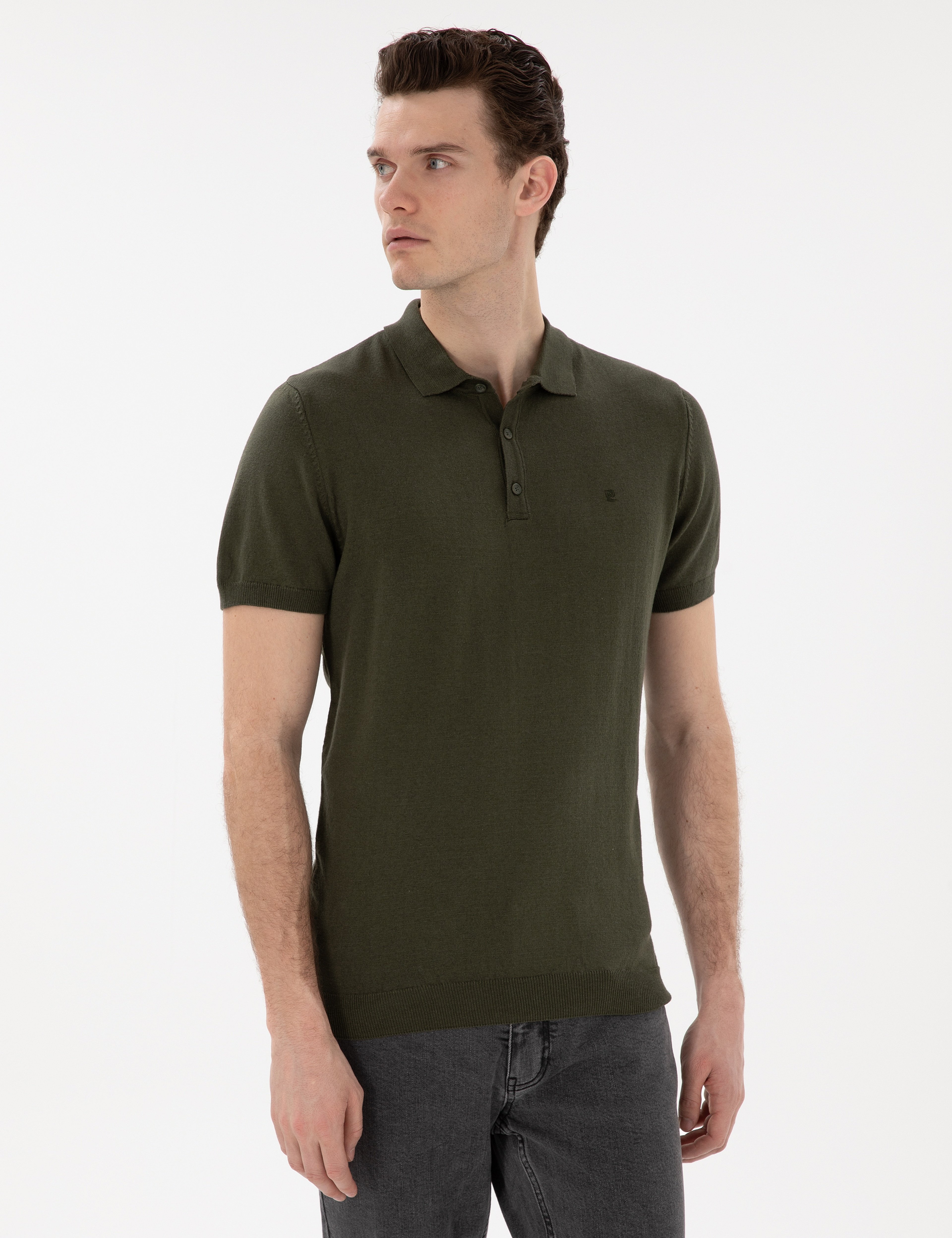 Haki Slim Fit Düğmeli Polo Yaka Triko Tişört - Image 1
