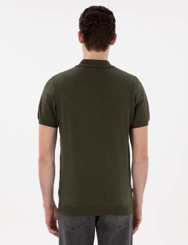 Haki Slim Fit Düğmeli Polo Yaka Triko Tişört