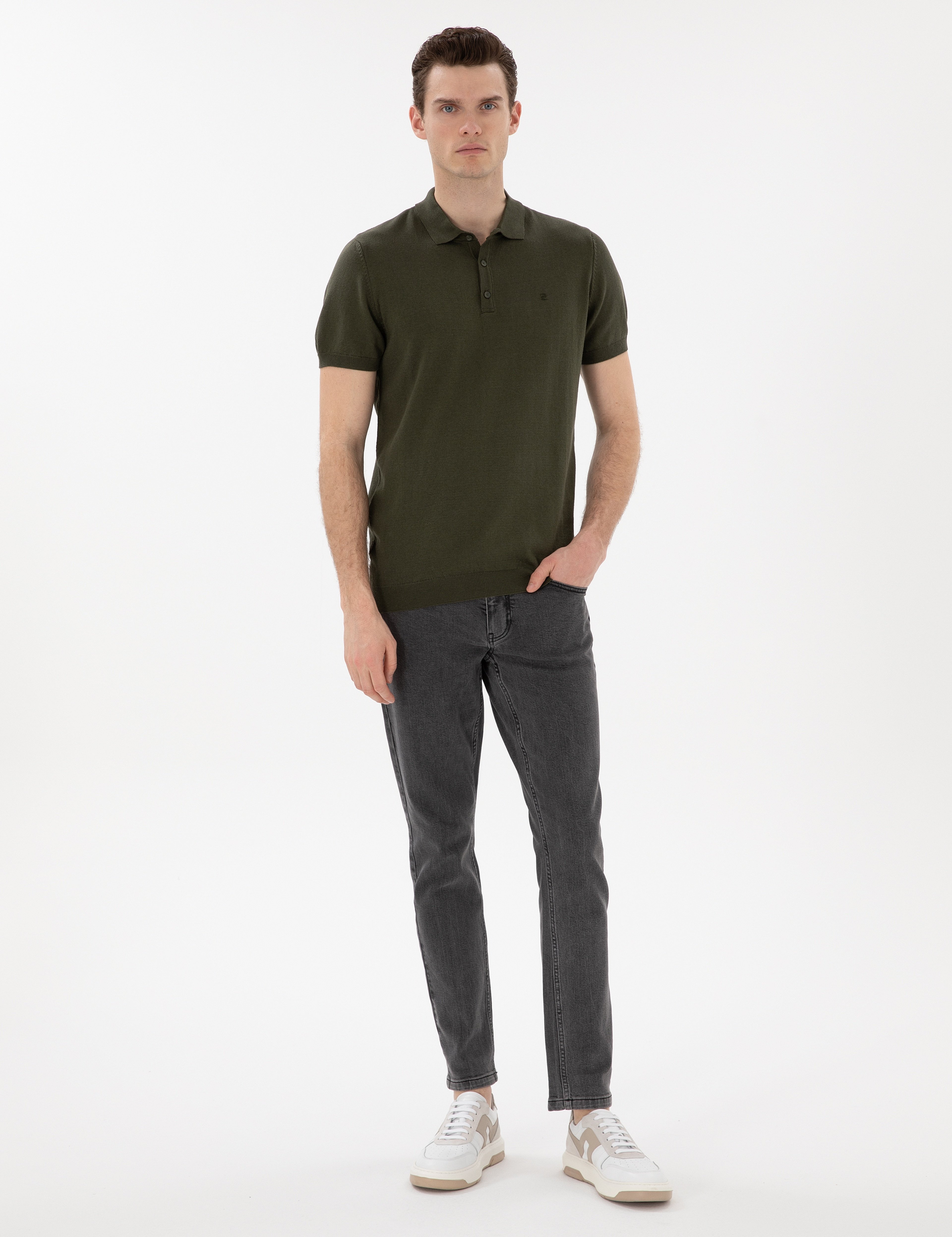 Haki Slim Fit Düğmeli Polo Yaka Triko Tişört - Image 4