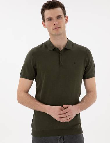 Haki Slim Fit Düğmeli Polo Yaka Triko Tişört