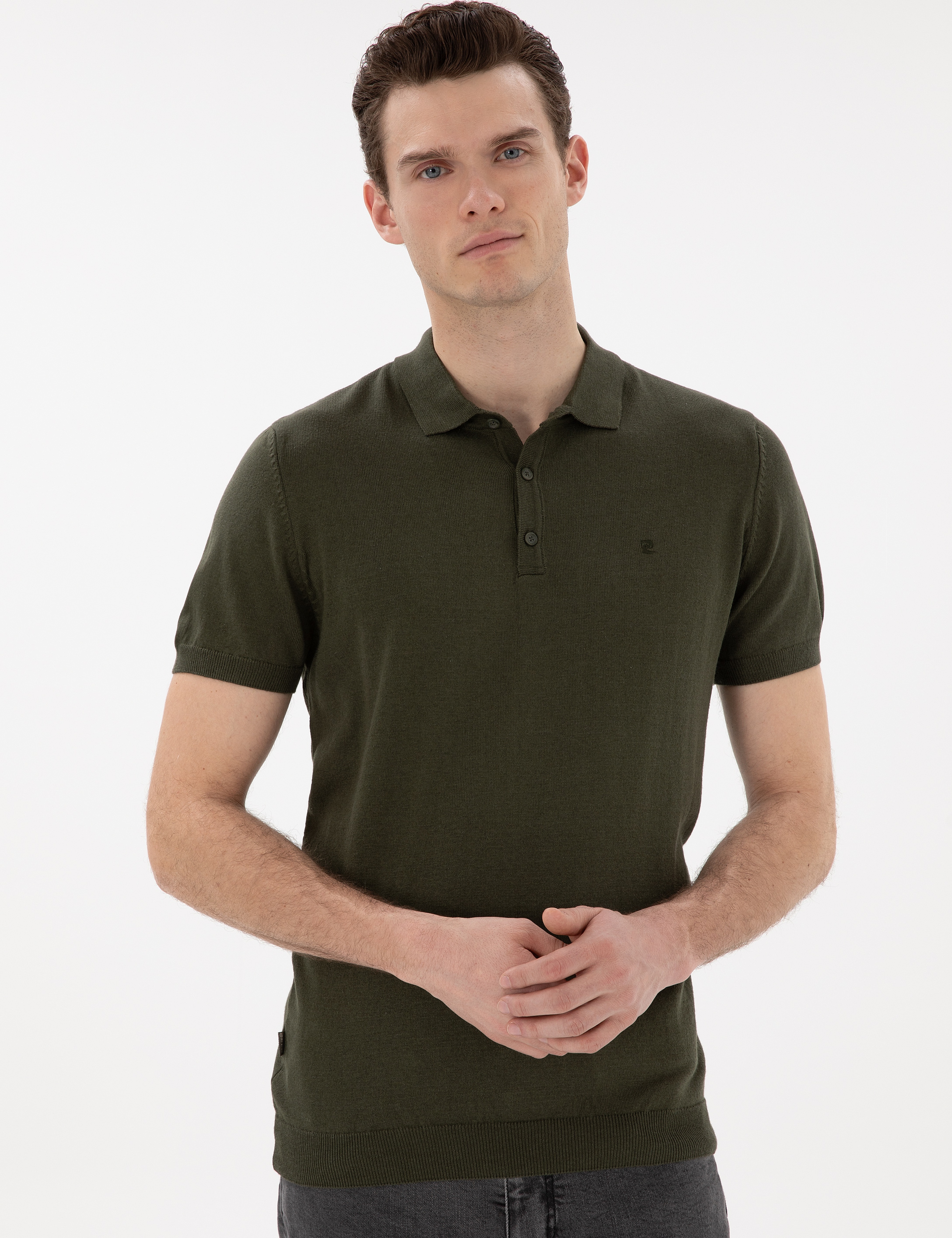 Haki Slim Fit Düğmeli Polo Yaka Triko Tişört