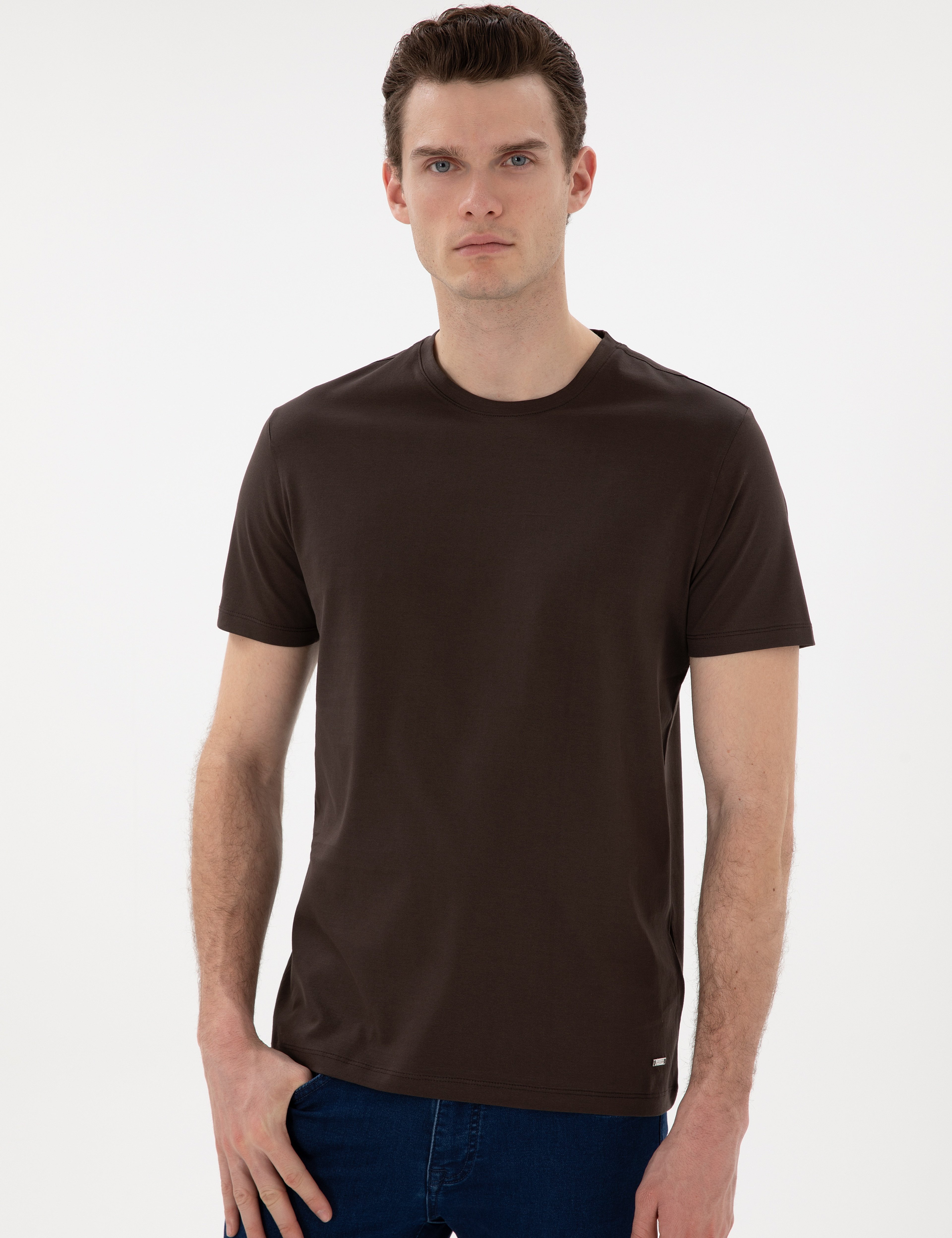Kahverengi Slim Fit Merserize Basic Tişört - Image 3