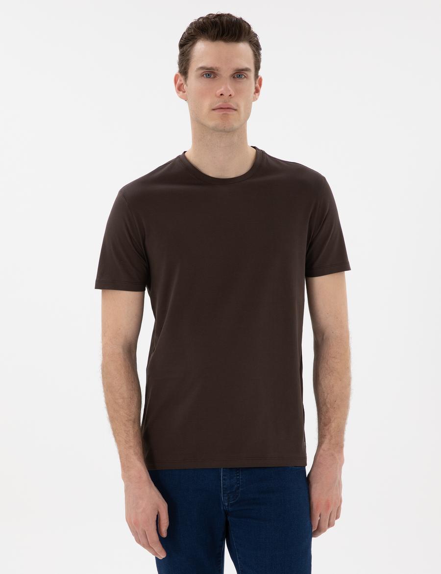 Kahverengi Slim Fit Merserize Basic Tişört