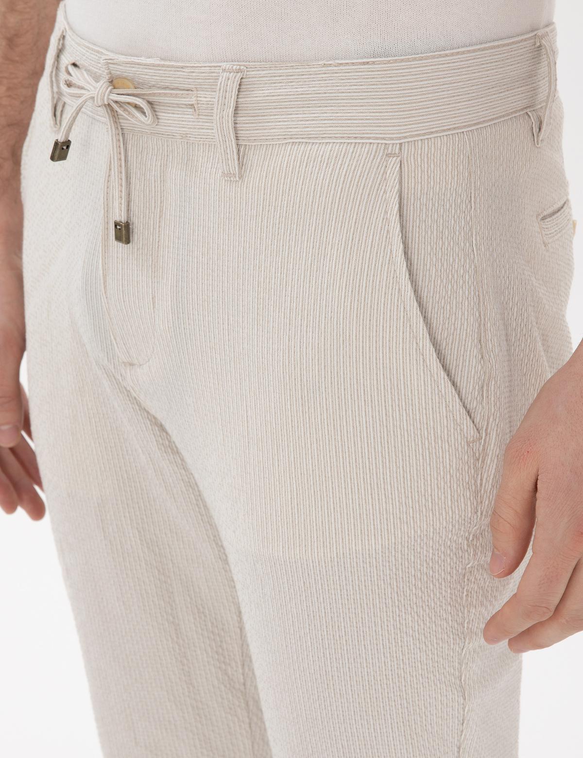 Bej Slim Fit Gofre Yazlık Kanvas Pantolon - 50305235058