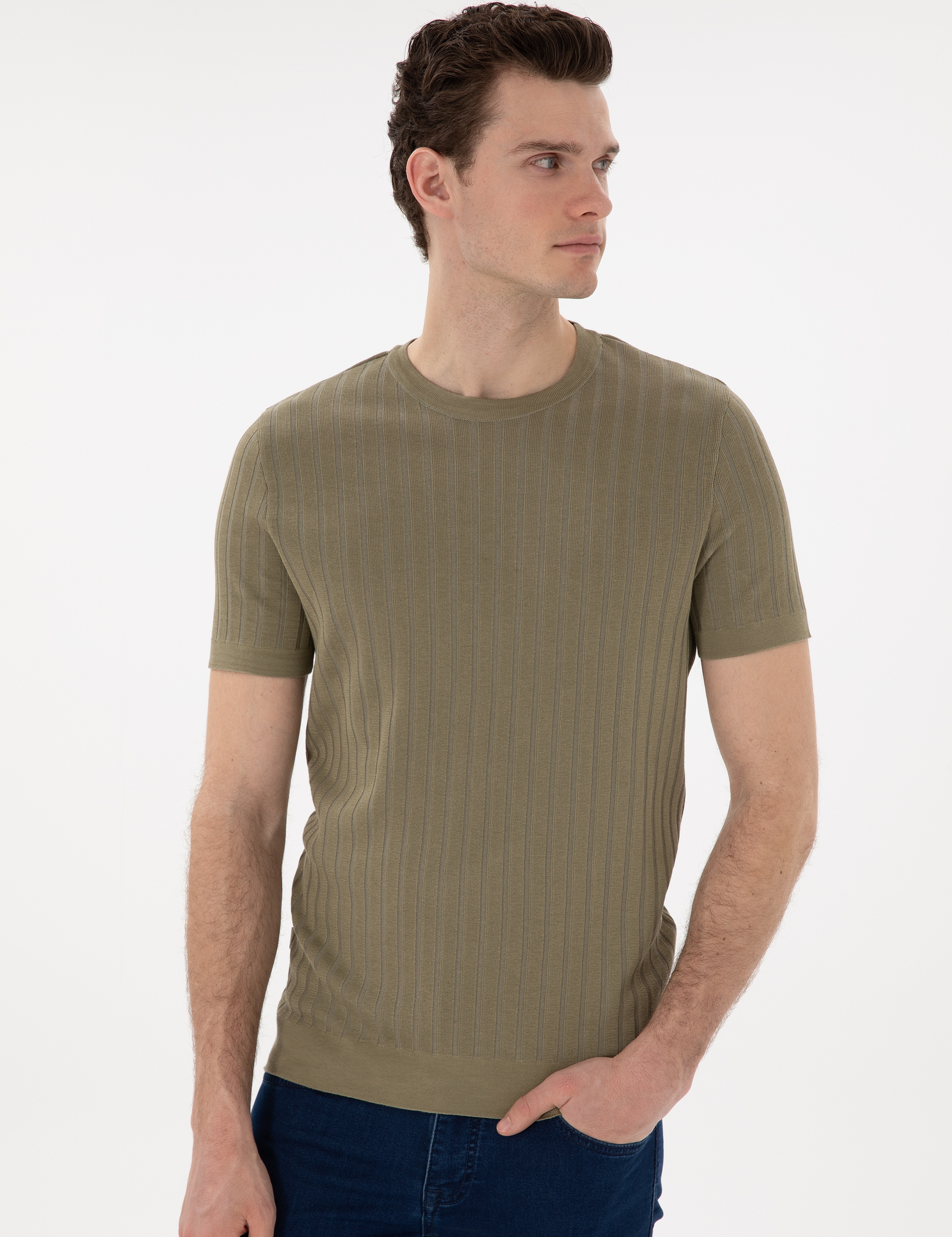 Haki Slim Fit Bisiklet Yaka Triko Tişört - Image 3