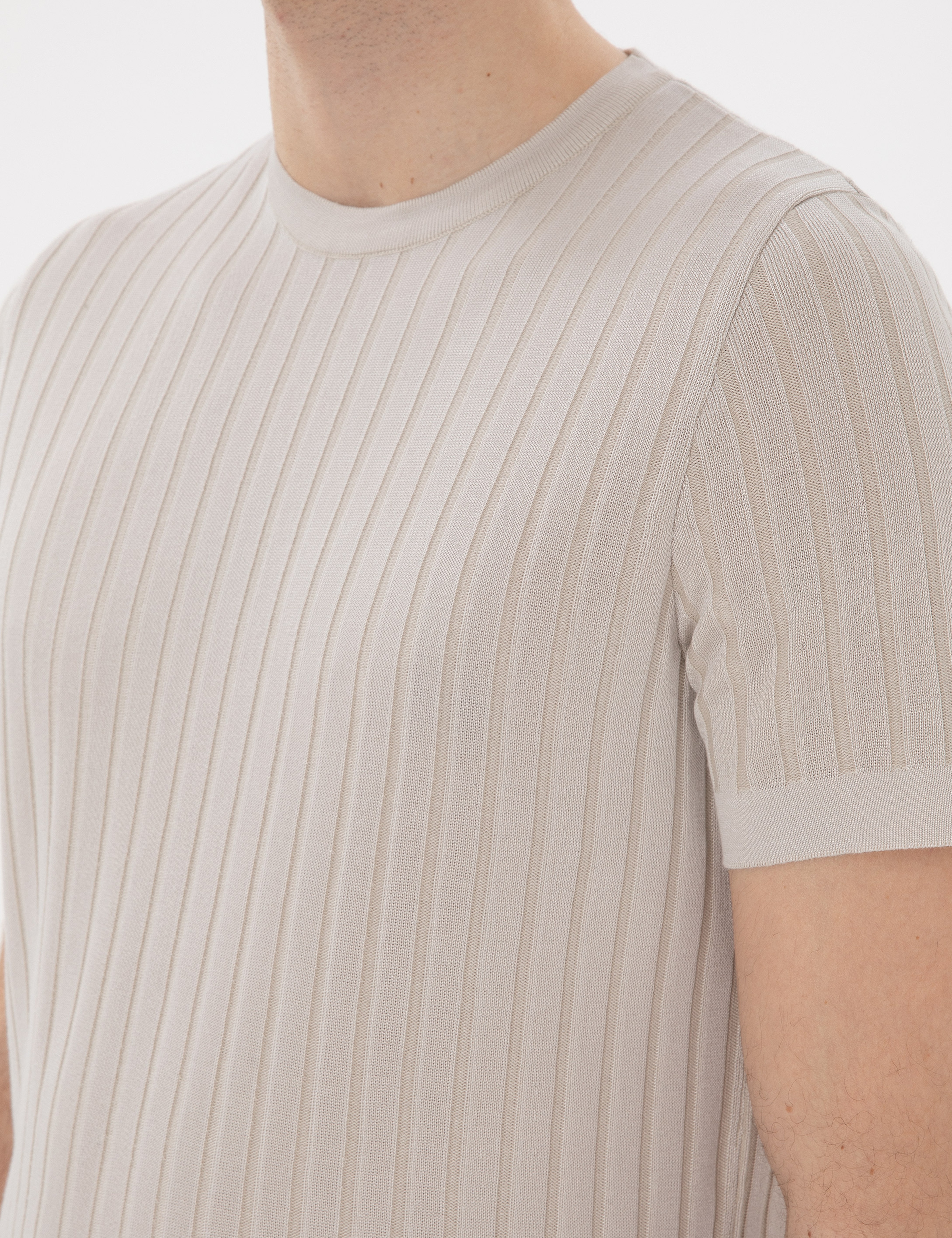 Bej Slim Fit Bisiklet Yaka Triko Tişört - Image 7