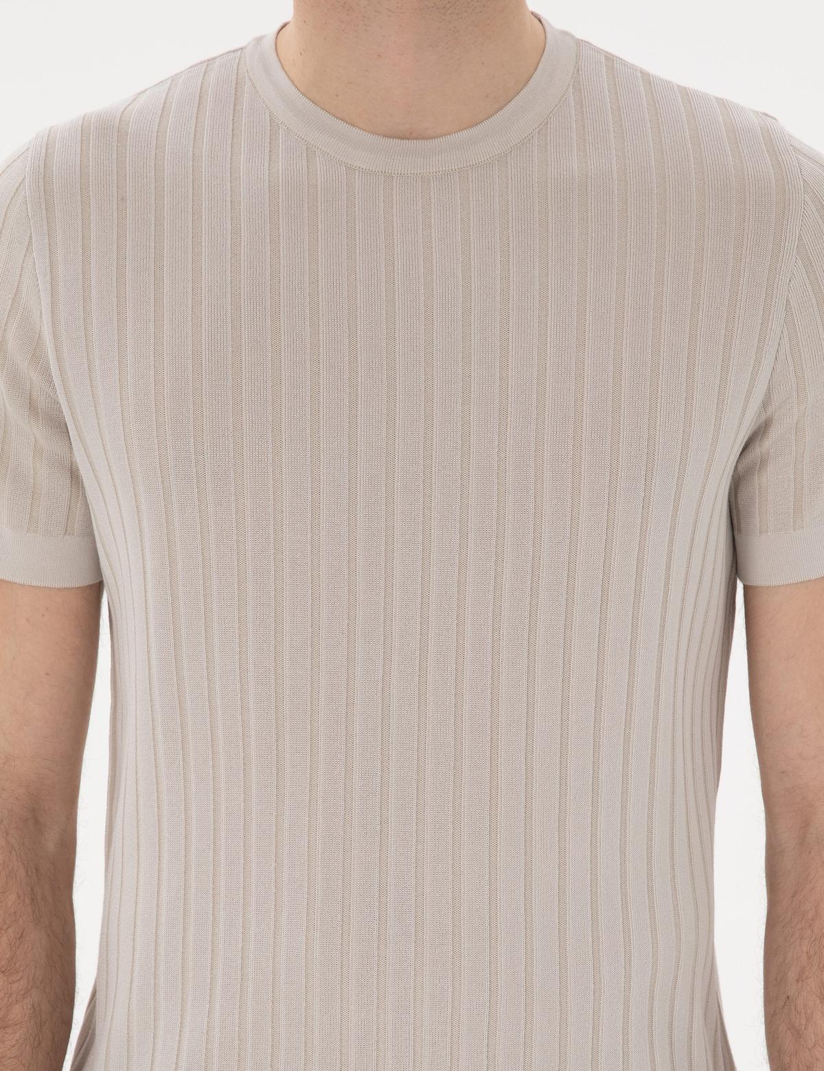 Bej Slim Fit Bisiklet Yaka Triko Tişört - 50305991013