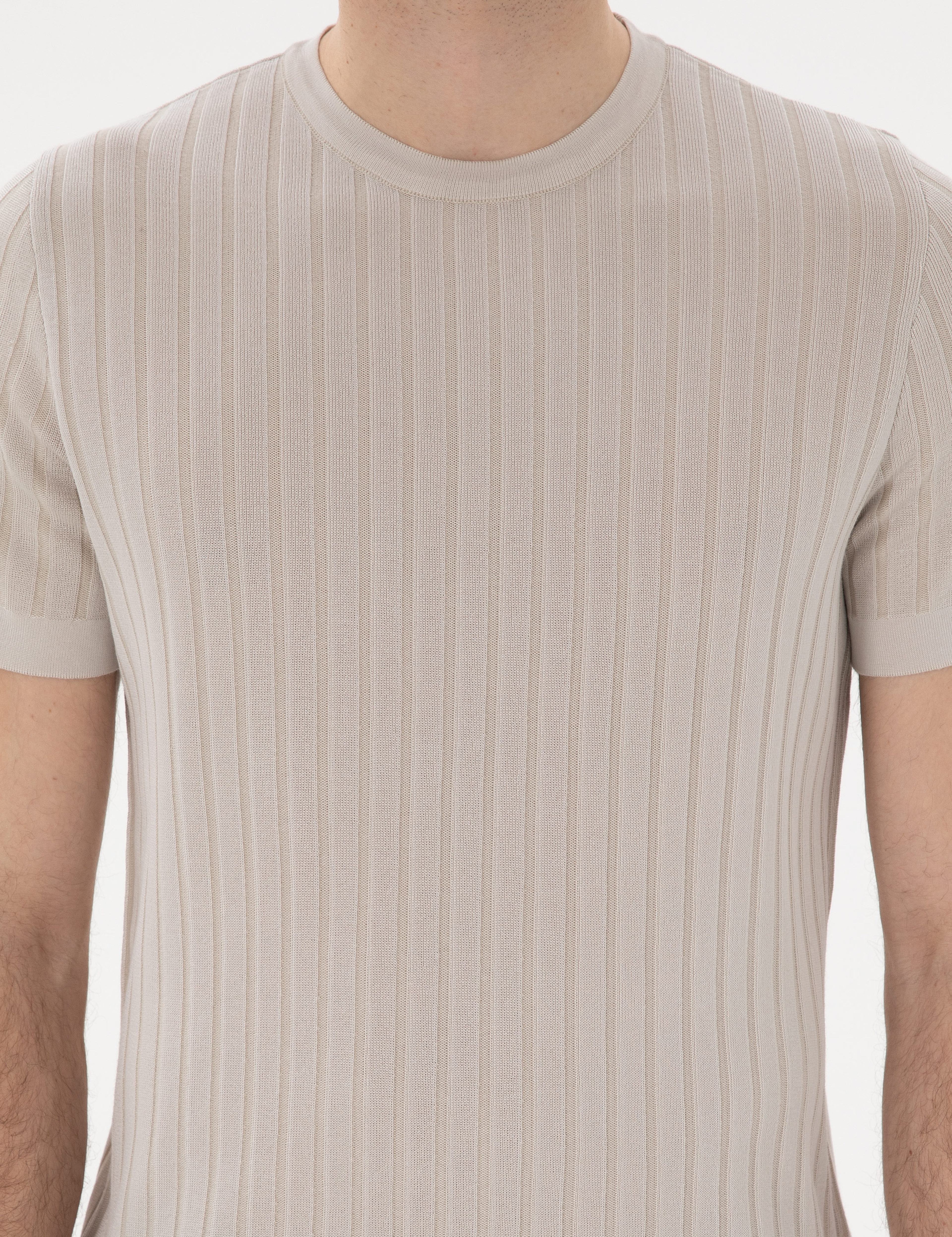Bej Slim Fit Bisiklet Yaka Triko Tişört - Image 6