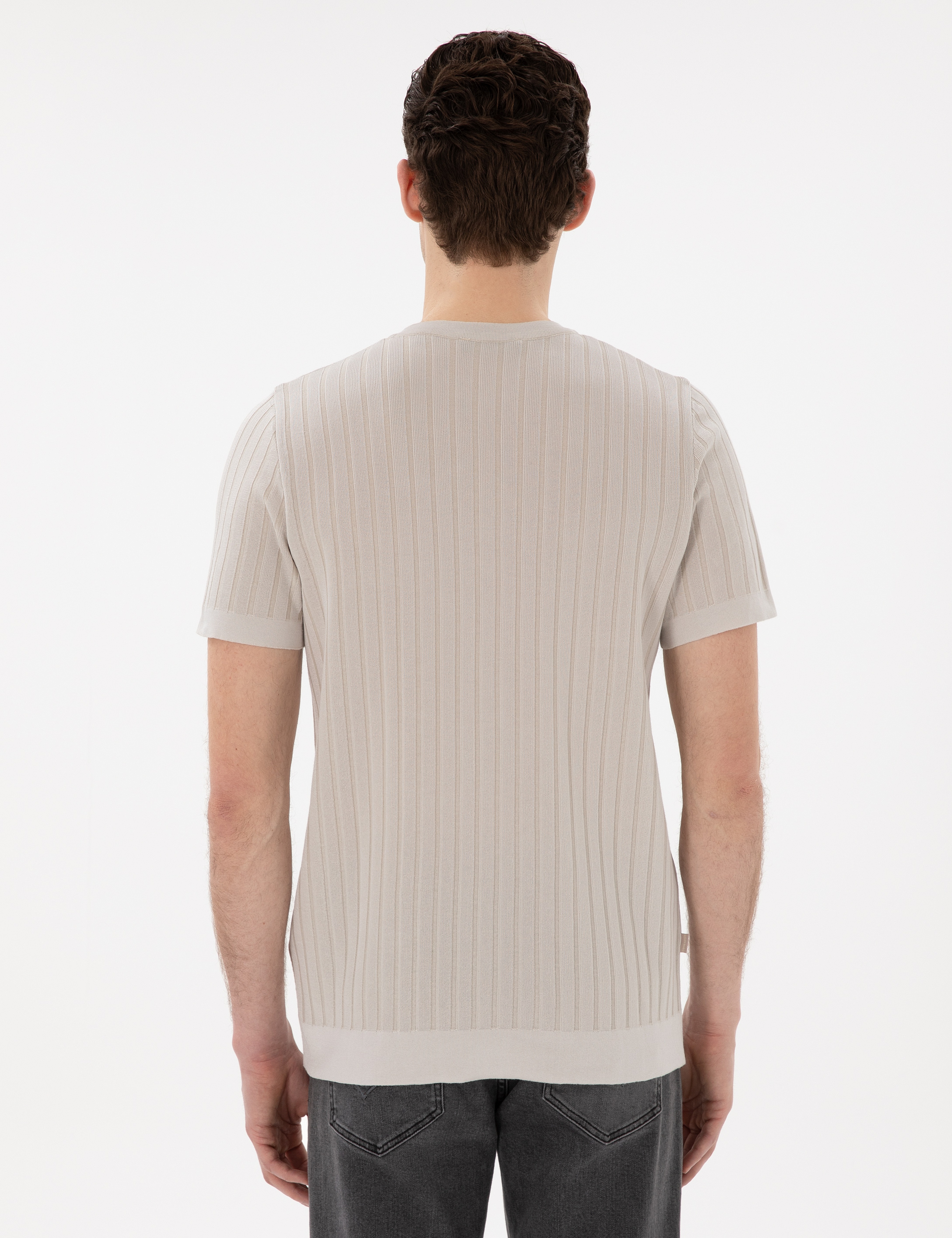 Bej Slim Fit Bisiklet Yaka Triko Tişört - Image 5