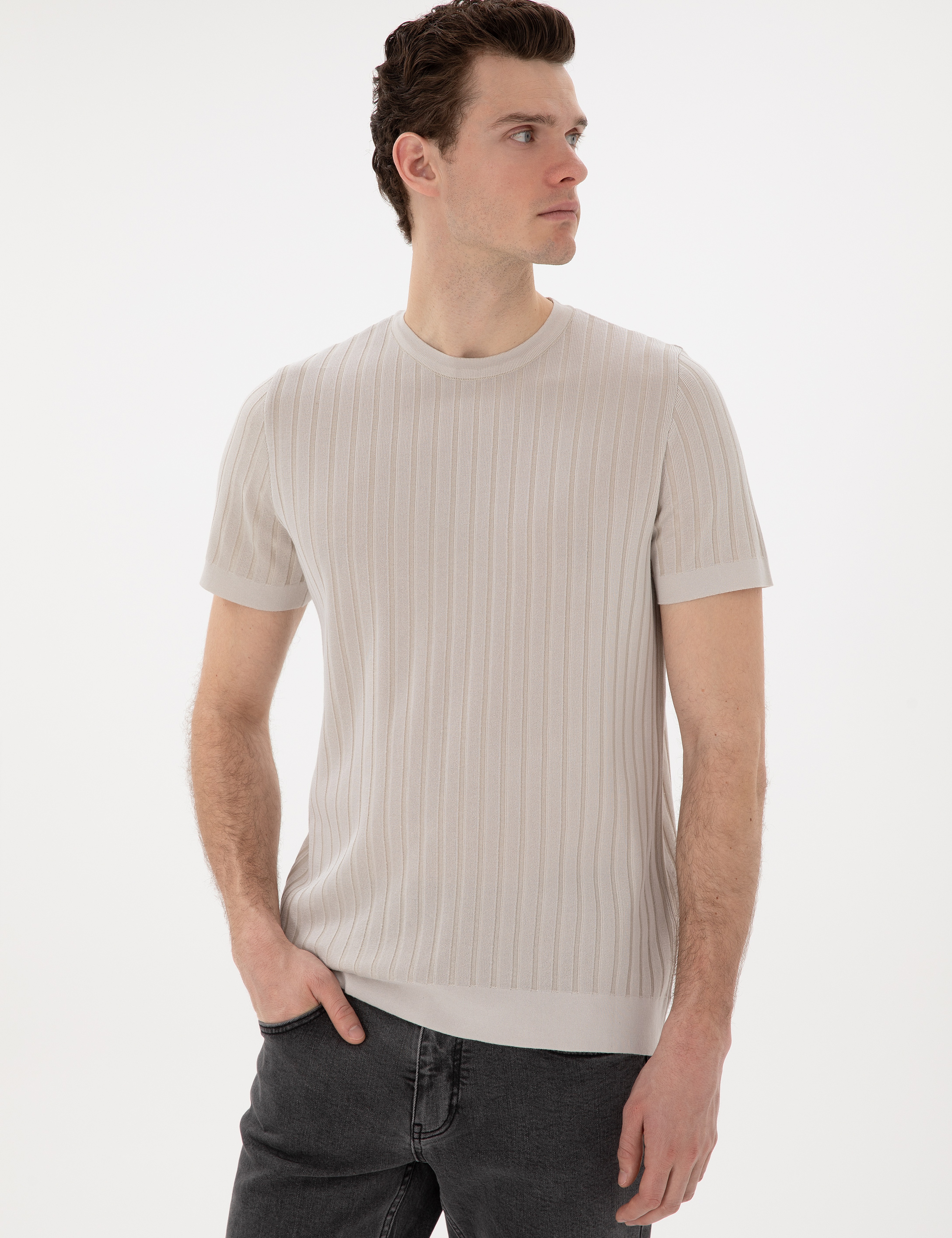 Bej Slim Fit Bisiklet Yaka Triko Tişört - Image 3