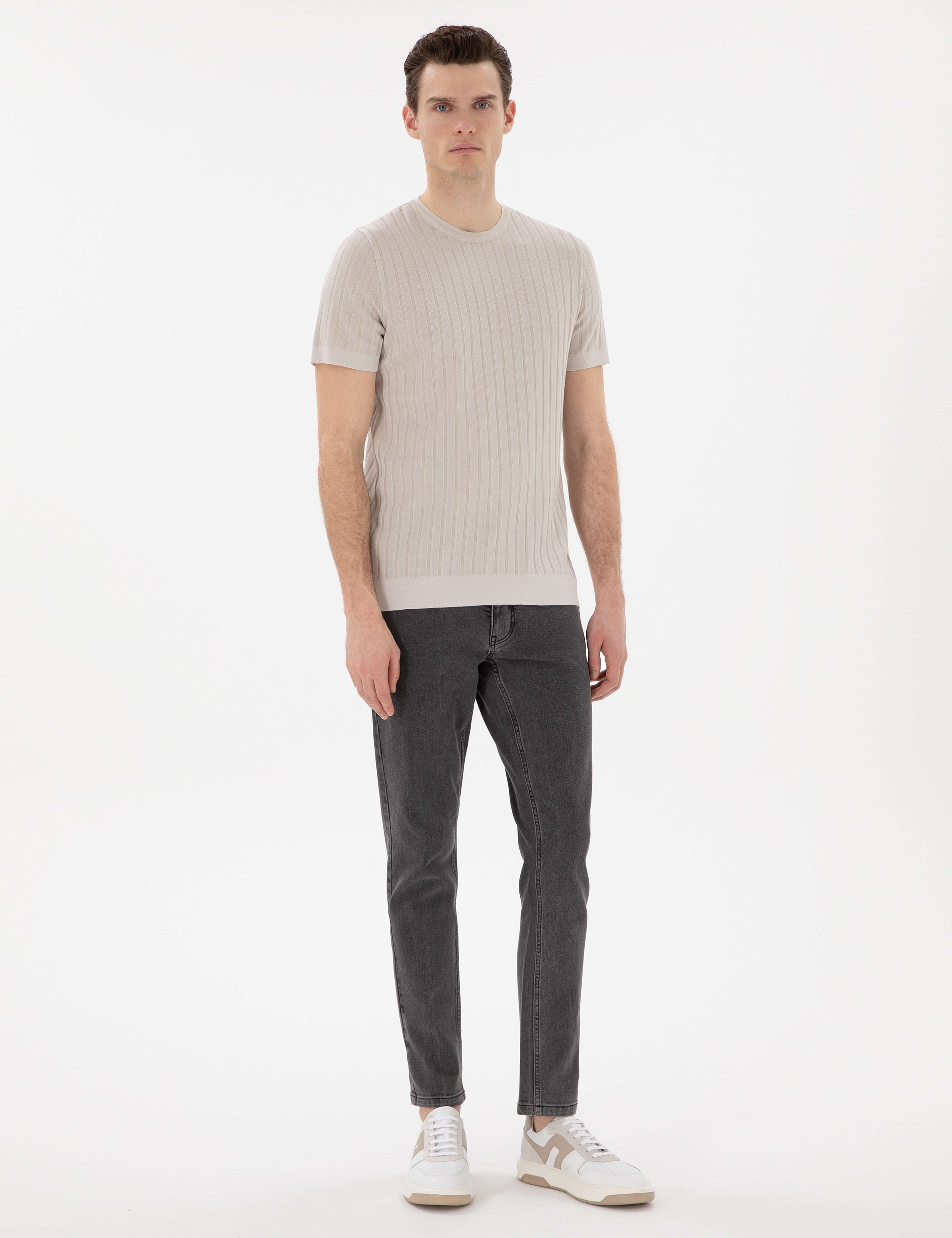 Bej Slim Fit Bisiklet Yaka Triko Tişört - Image 4