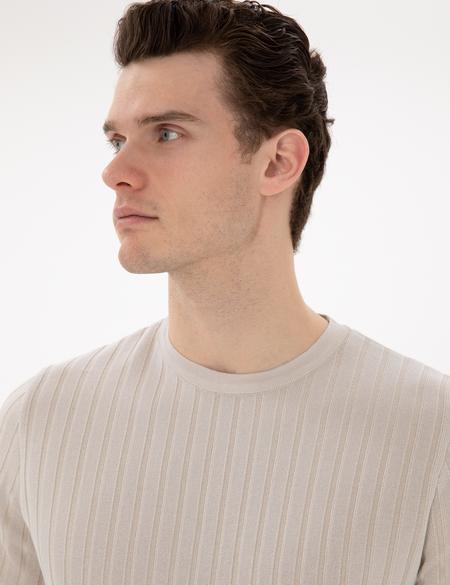 Bej Slim Fit Bisiklet Yaka Triko Tişört - 50305991013