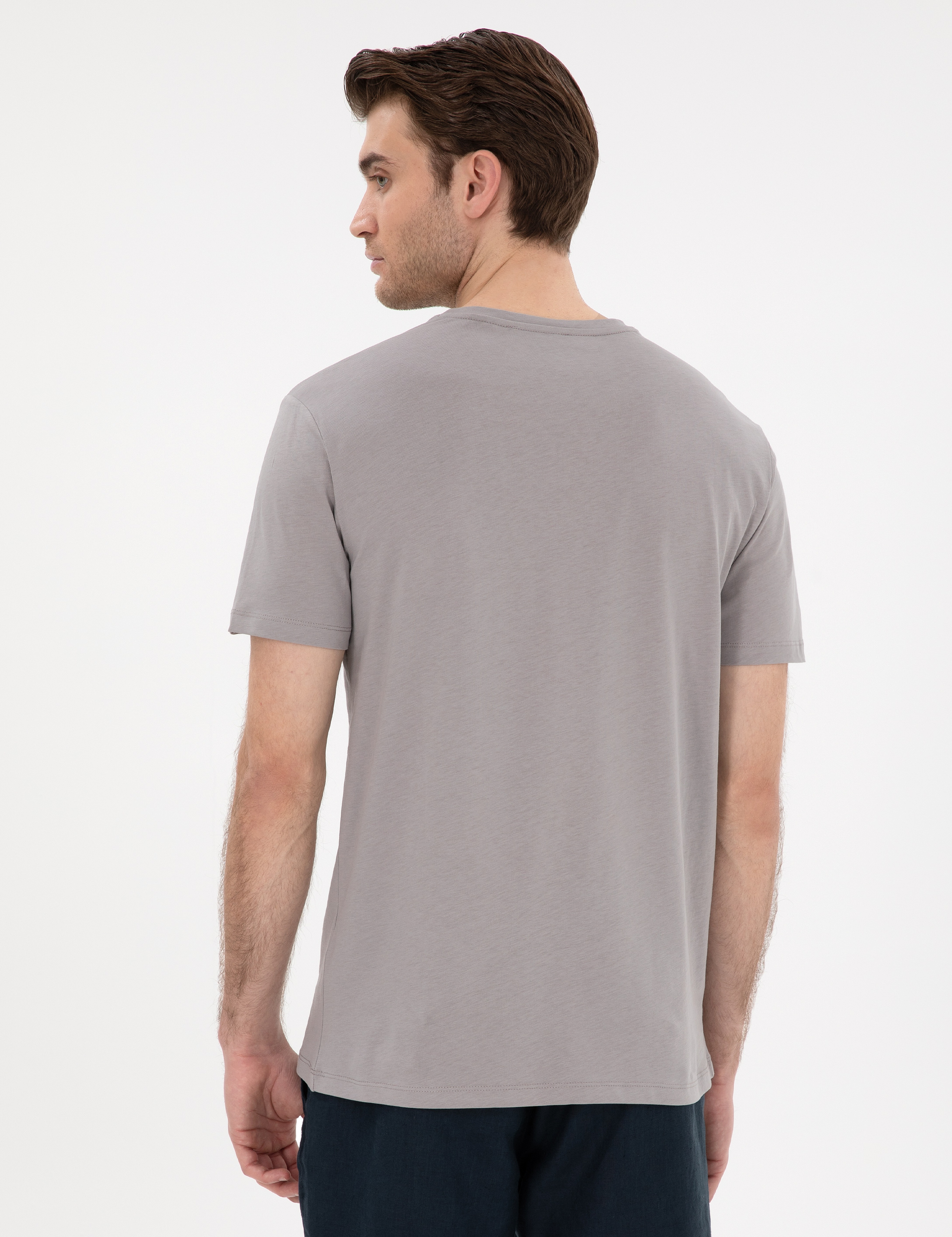 Gri %100 Pamuk Slim Fit Bisiklet Yaka Basic Tişört - Image 5