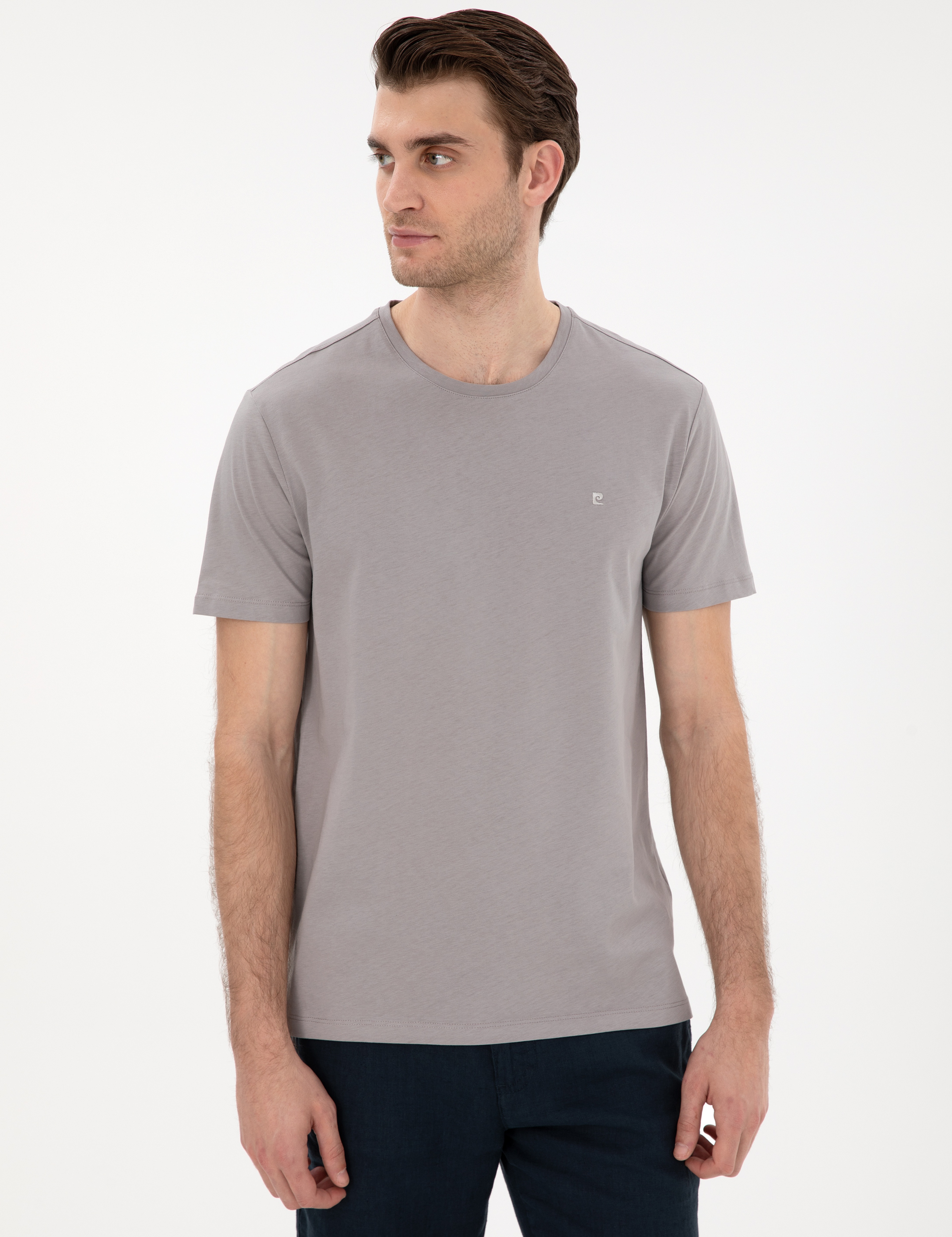 Gri %100 Pamuk Slim Fit Bisiklet Yaka Basic Tişört - Image 3